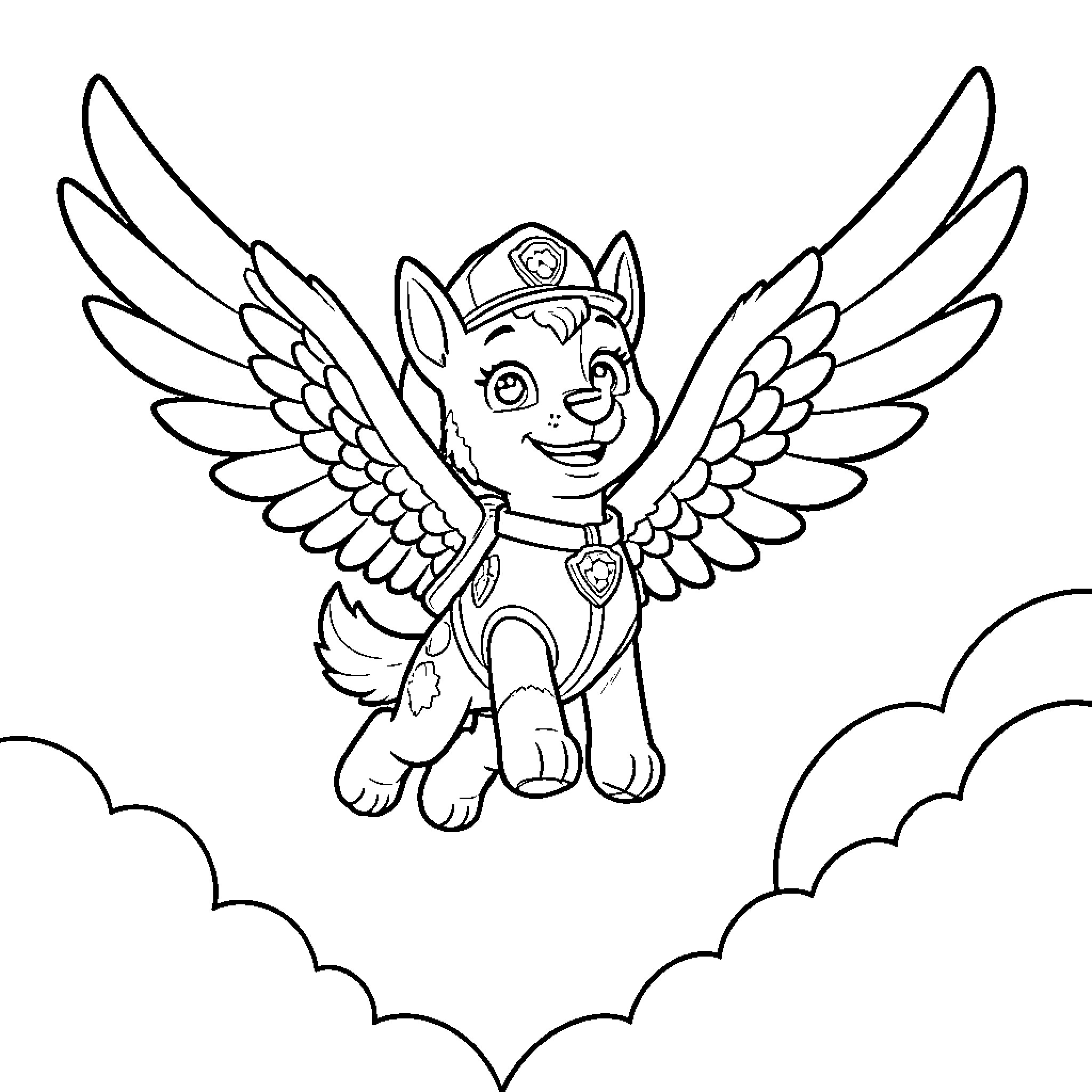 Stella, the Winged Pup's Playful Adventure Coloring Page (free black-and-white line drawing printable PDF for all, from beginners to advanced learners, including children, teens, adults, and seniors)
