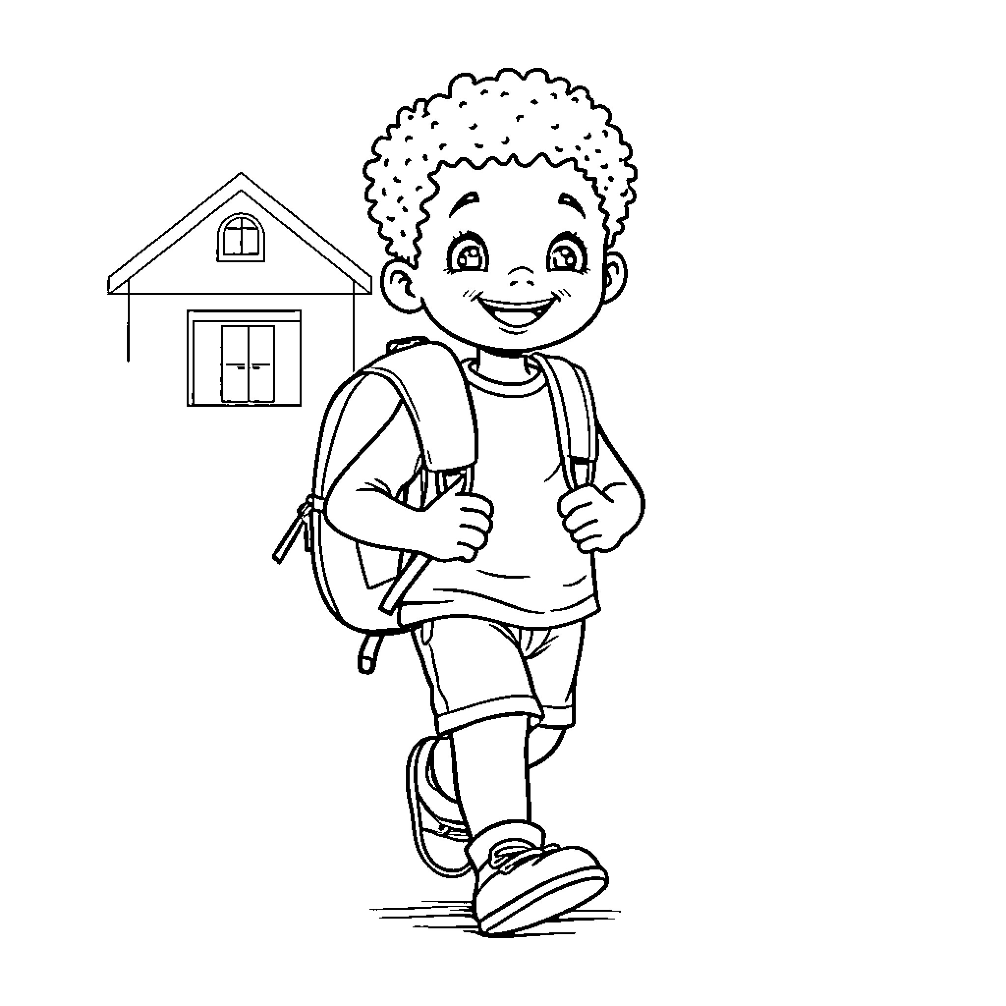 Child walking happily to school Coloring Page (free black-and-white line drawing printable PDF for all, from beginners to advanced learners, including children, teens, adults, and seniors)