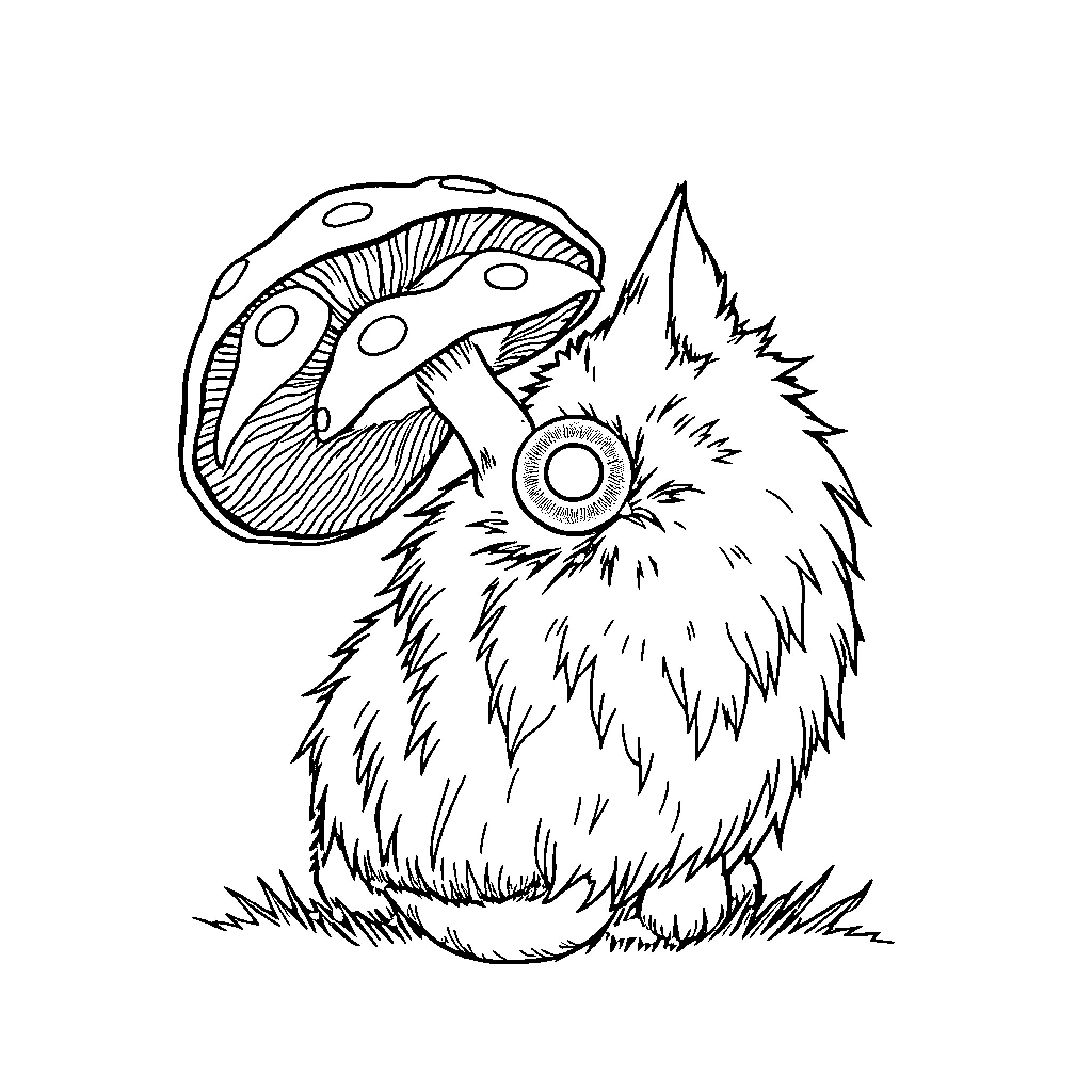 Mushroom-Headed Creature Examining Something Intently Coloring Page (free black-and-white line drawing printable PDF for all, from beginners to advanced learners, including children, teens, adults, and seniors)