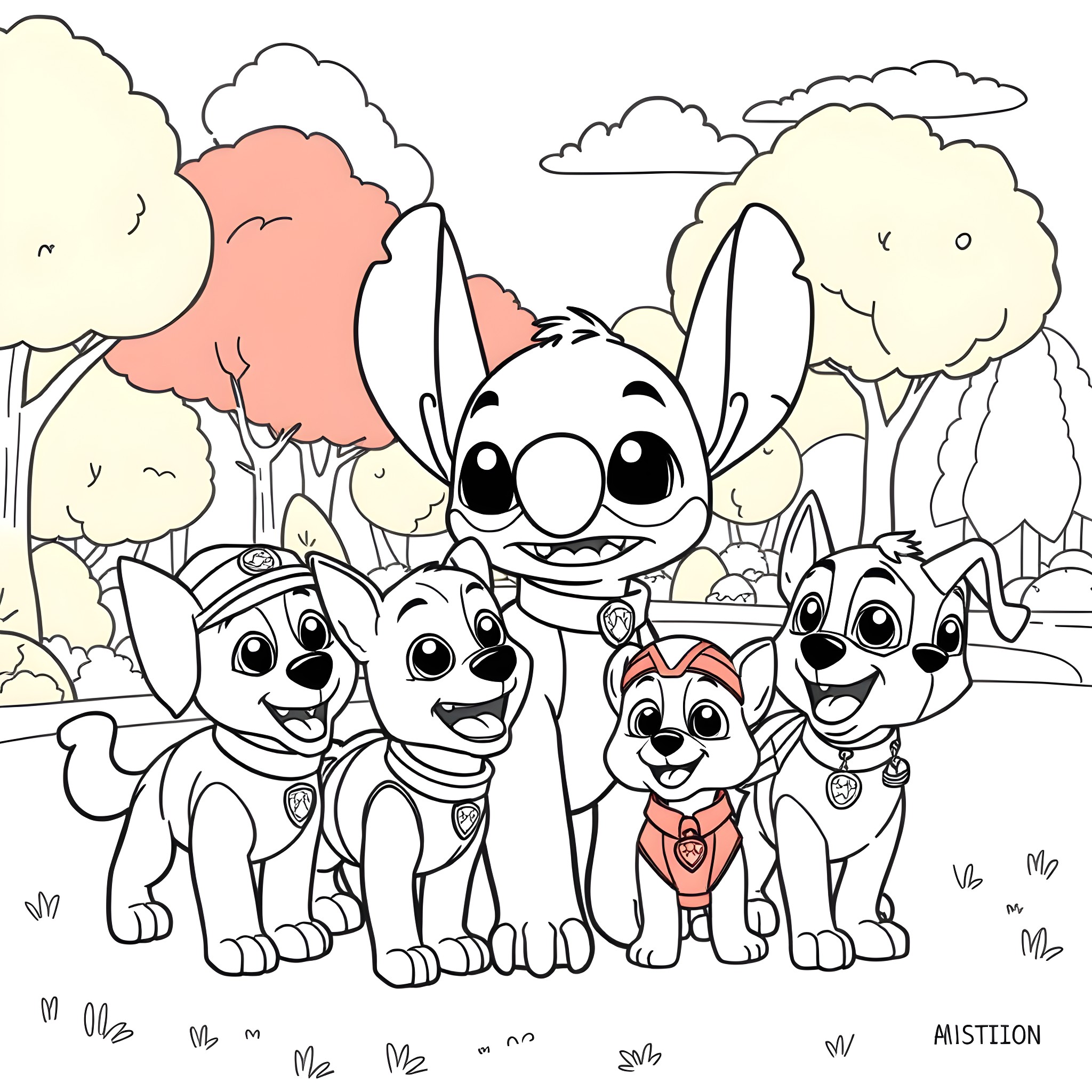 Stitch and Paw Patrol Pups on an Adventure Coloring Page (free black-and-white line drawing printable PDF for all, from beginners to advanced learners, including children, teens, adults, and seniors)