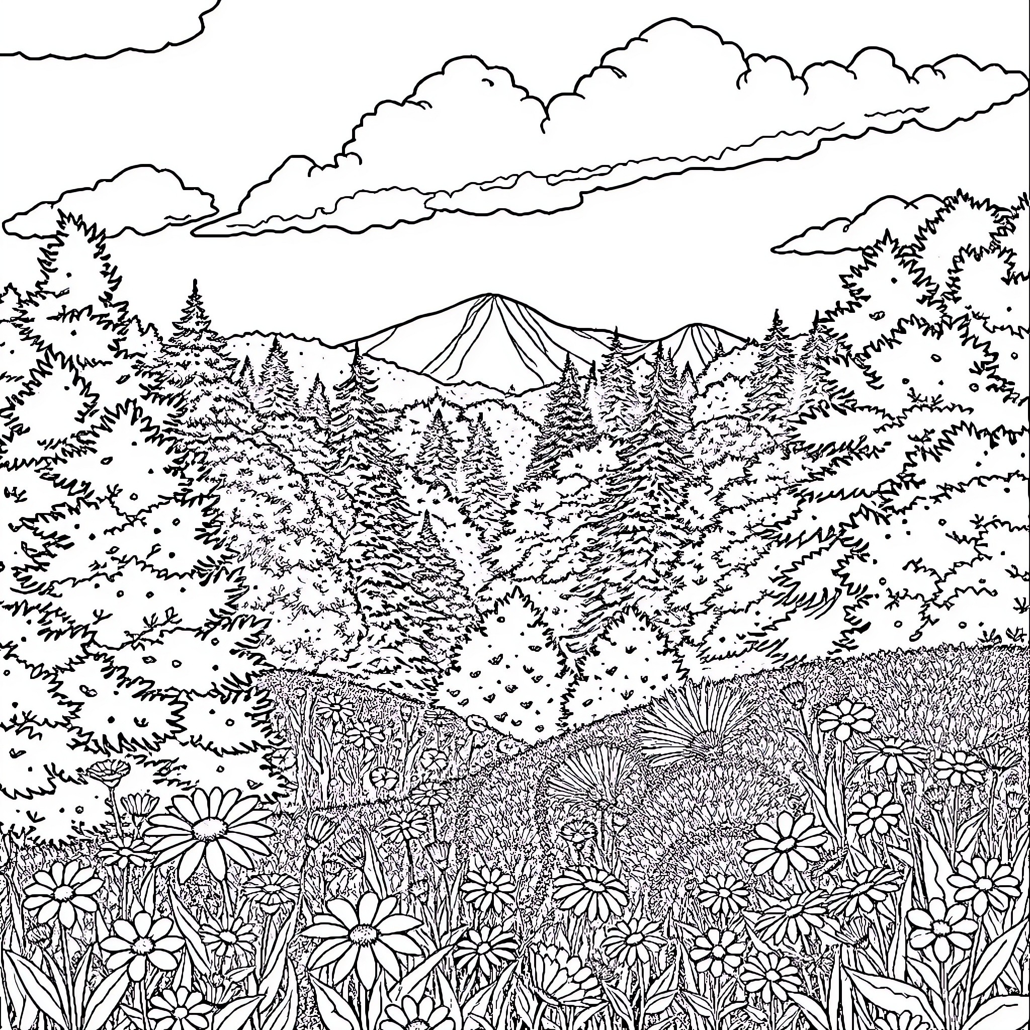 Nature's Serene Wilderness Landscape Coloring Page (free black-and-white line drawing printable PDF for all, from beginners to advanced learners, including children, teens, adults, and seniors)