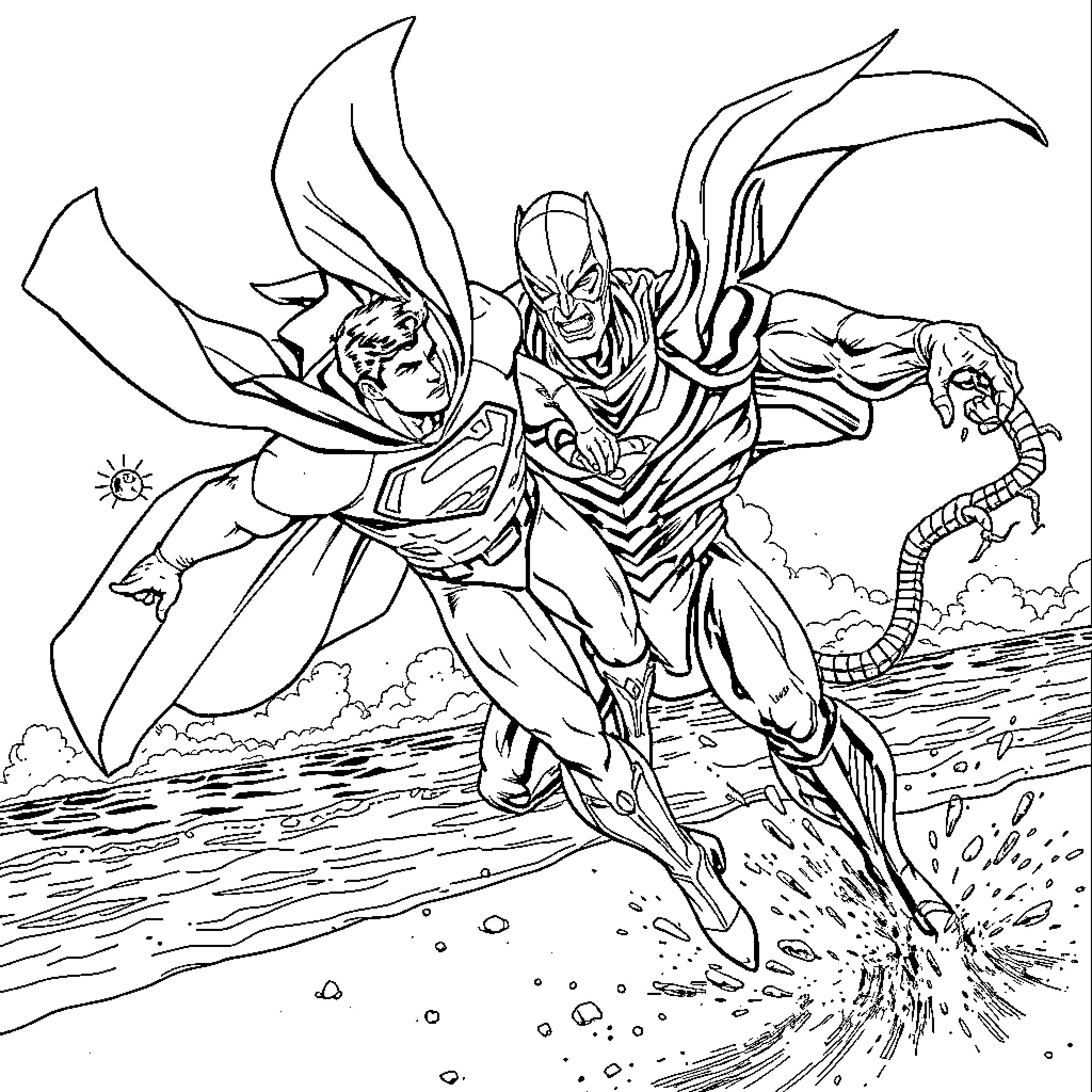 Superman breaking through the clouds in action Coloring Page (free black-and-white line drawing printable PDF for all, from beginners to advanced learners, including children, teens, adults, and seniors)