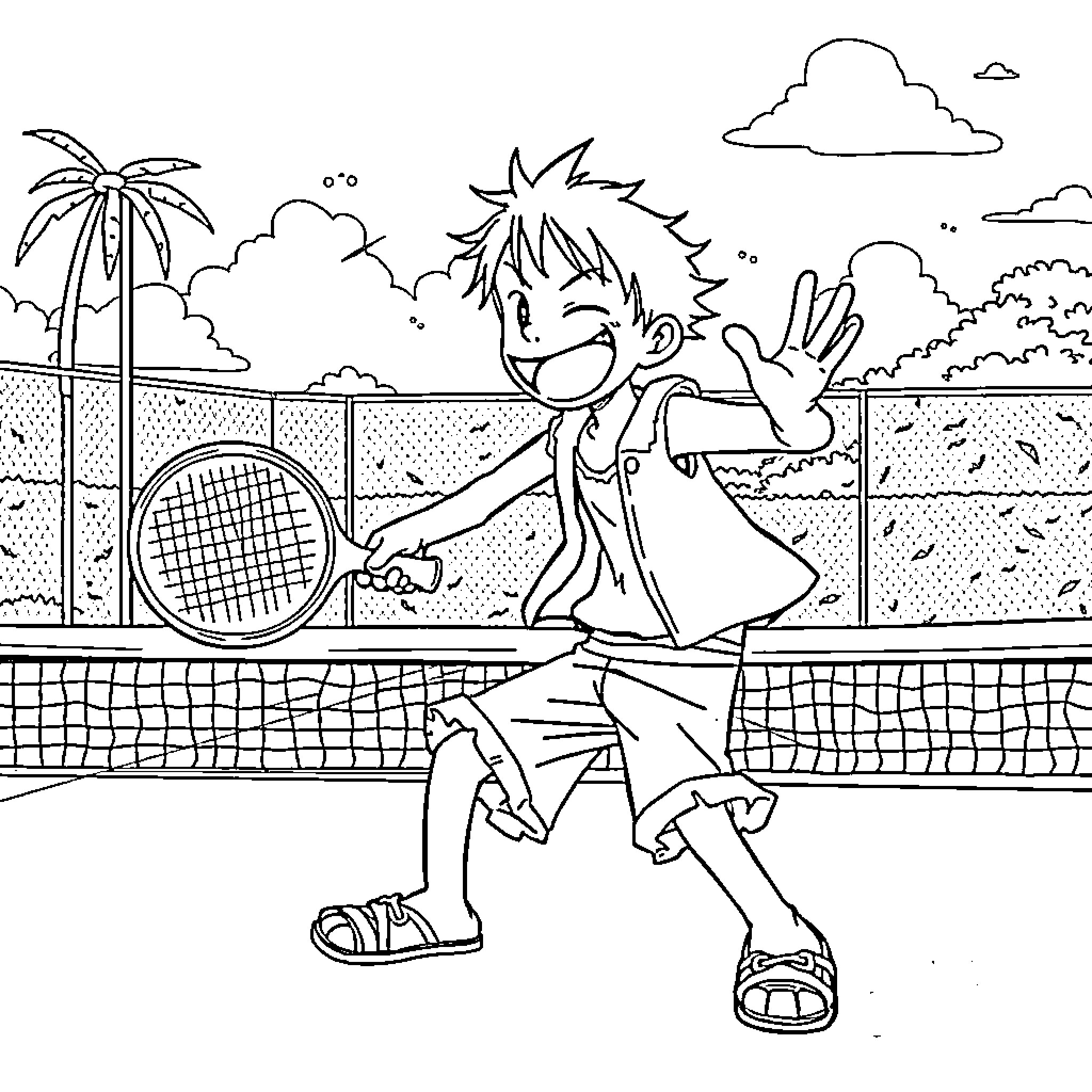 Lift Spirit of Tennis Player on Court Coloring Page (free black-and-white line drawing printable PDF for all, from beginners to advanced learners, including children, teens, adults, and seniors)