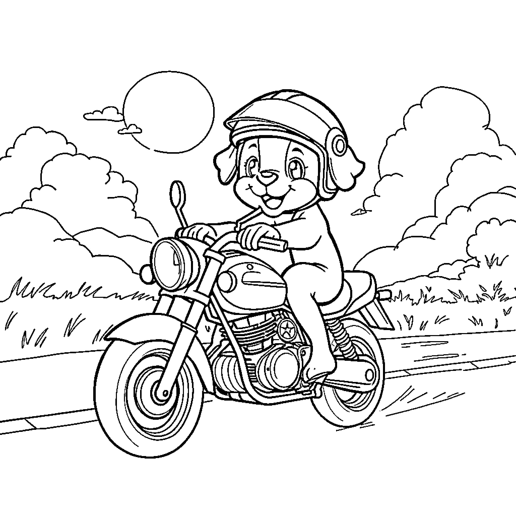 Puppy riding a motorcycle on a sunny day Coloring Page (free black-and-white line drawing printable PDF for all, from beginners to advanced learners, including children, teens, adults, and seniors)