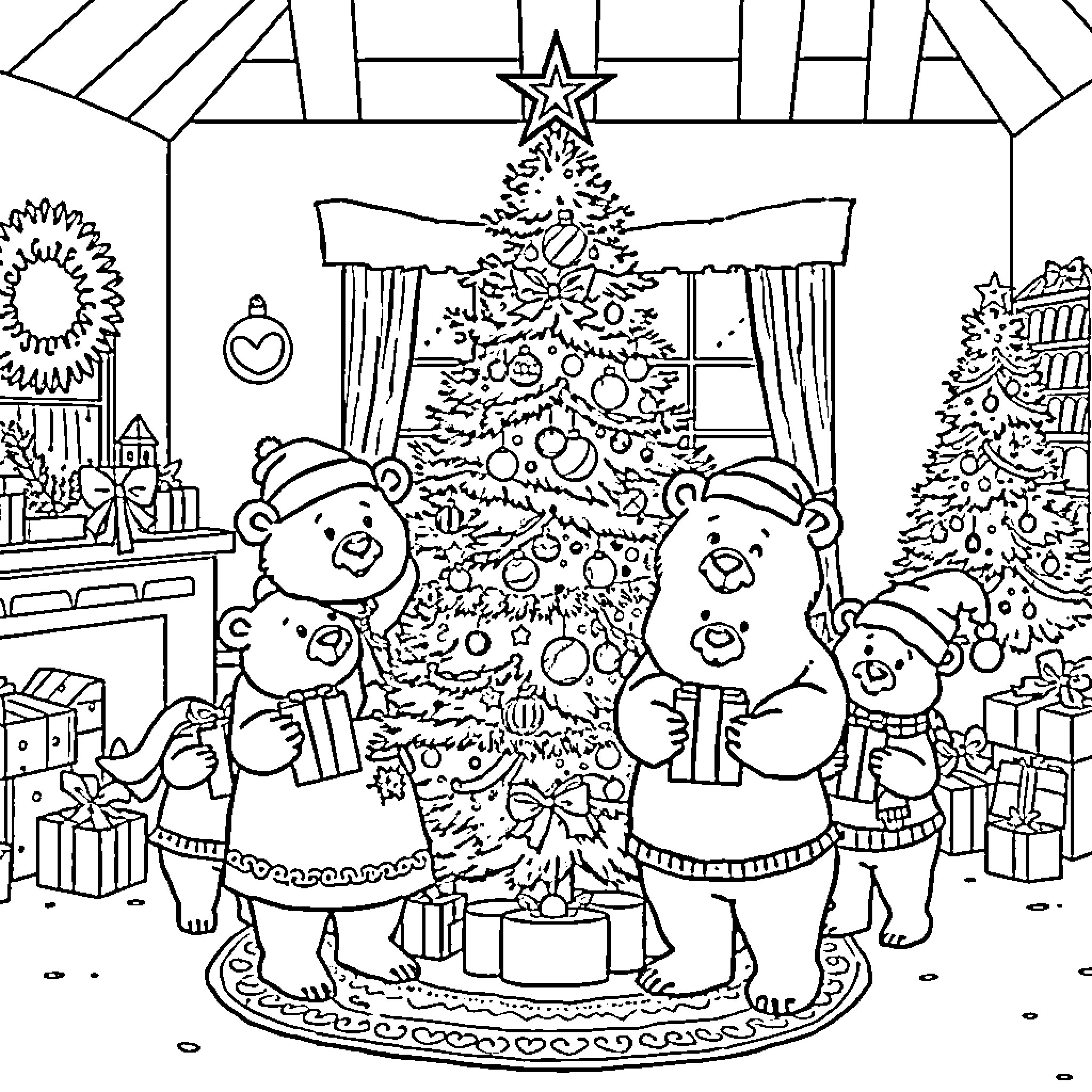 Bear family celebrating Christmas around decorated tree Coloring Page (free black-and-white line drawing printable PDF for all, from beginners to advanced learners, including children, teens, adults, and seniors)