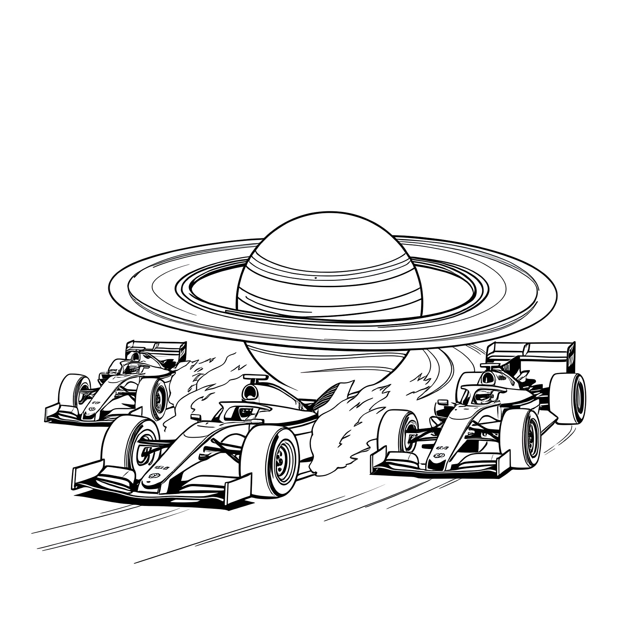 F1 Cars Racing Around Planet Saturn Coloring Page (free black-and-white line drawing printable PDF for all, from beginners to advanced learners, including children, teens, adults, and seniors)
