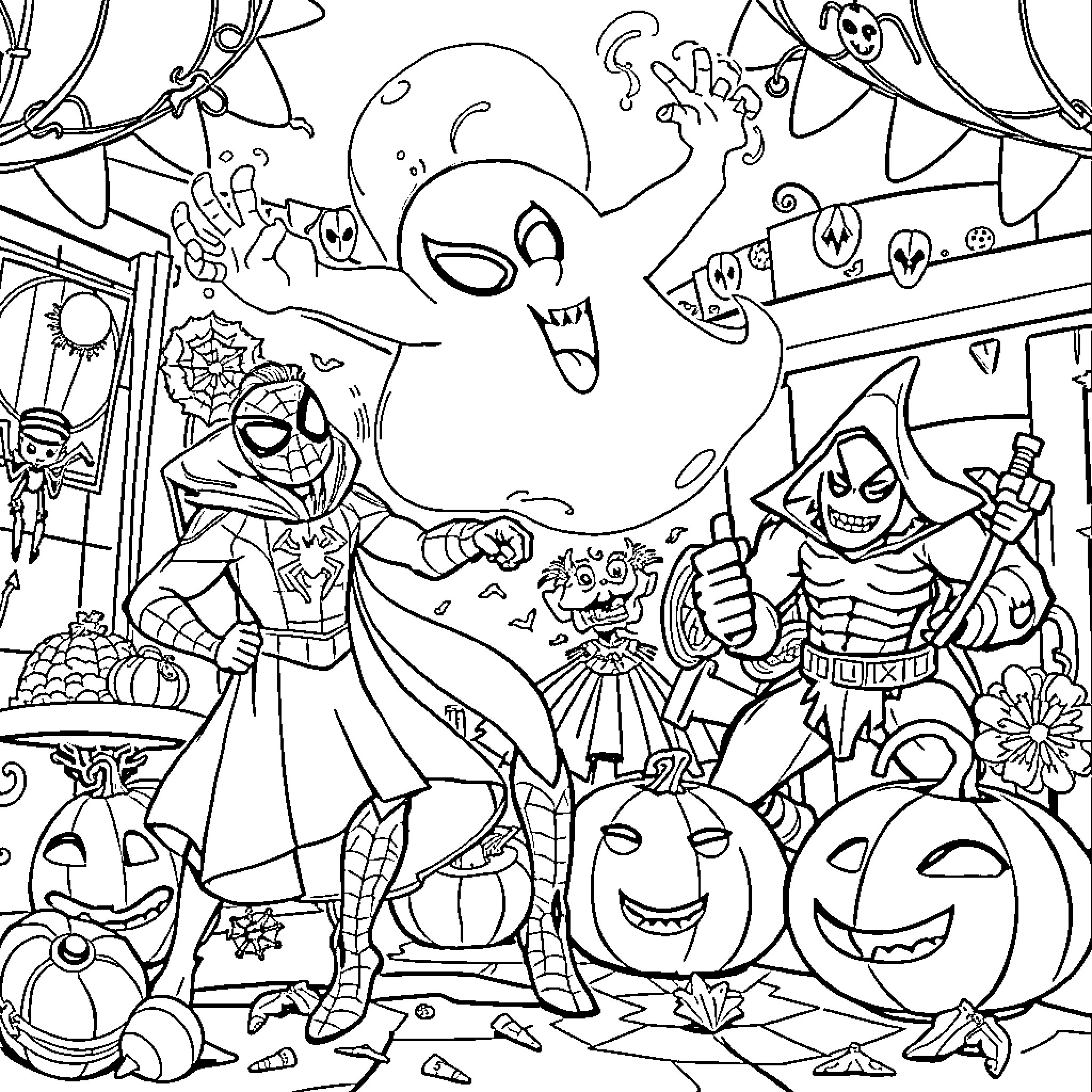 Spider-themed Halloween scene with spooky characters Coloring Page (free black-and-white line drawing printable PDF for all, from beginners to advanced learners, including children, teens, adults, and seniors)