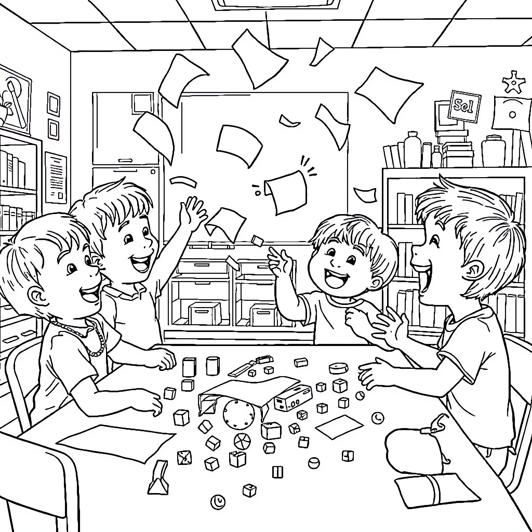 Child having fun with friends in a messy classroom Coloring Page (free black-and-white line drawing printable PDF for all, from beginners to advanced learners, including children, teens, adults, and seniors)