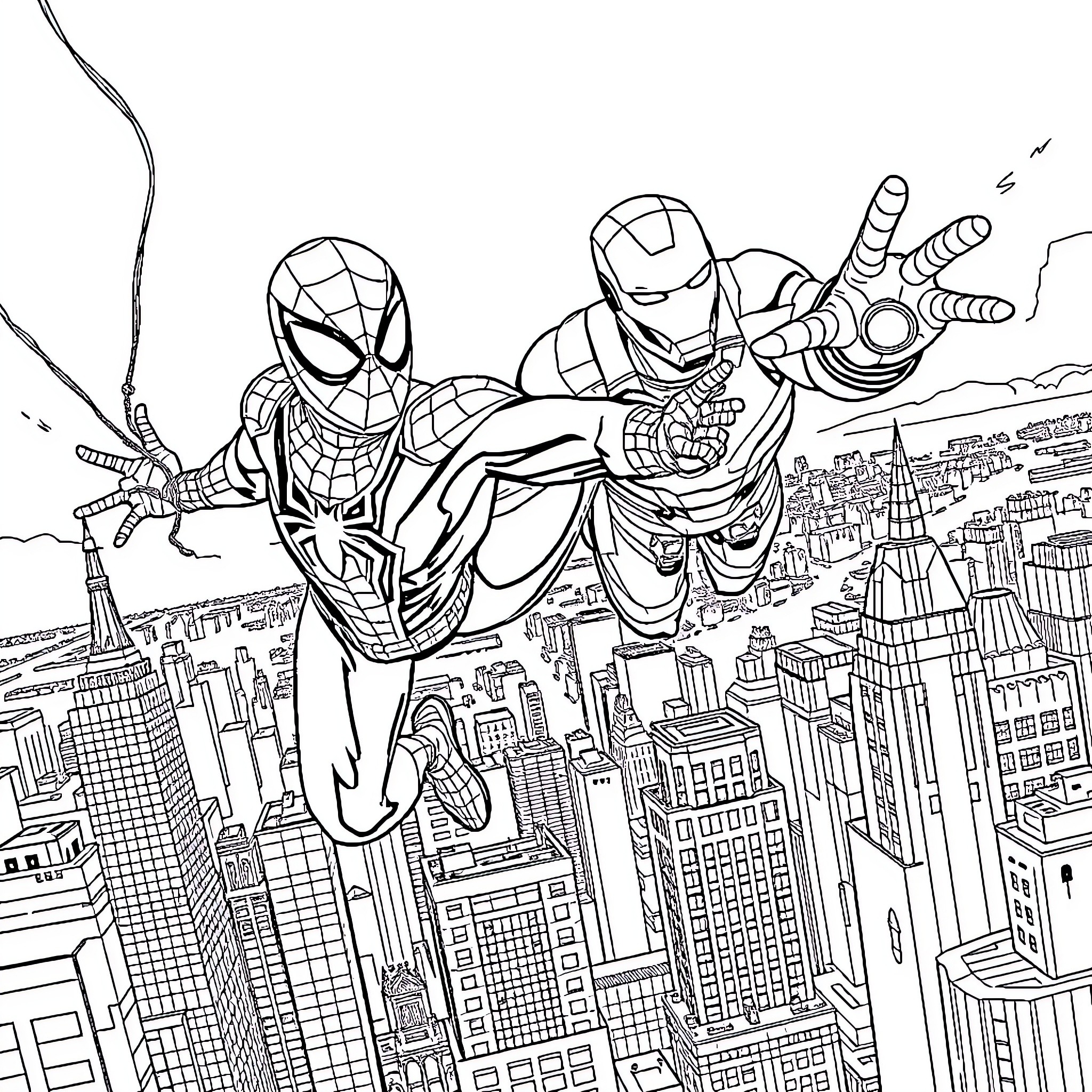 Spiderman and Iron Man soaring over the city Coloring Page (free black-and-white line drawing printable PDF for all, from beginners to advanced learners, including children, teens, adults, and seniors)