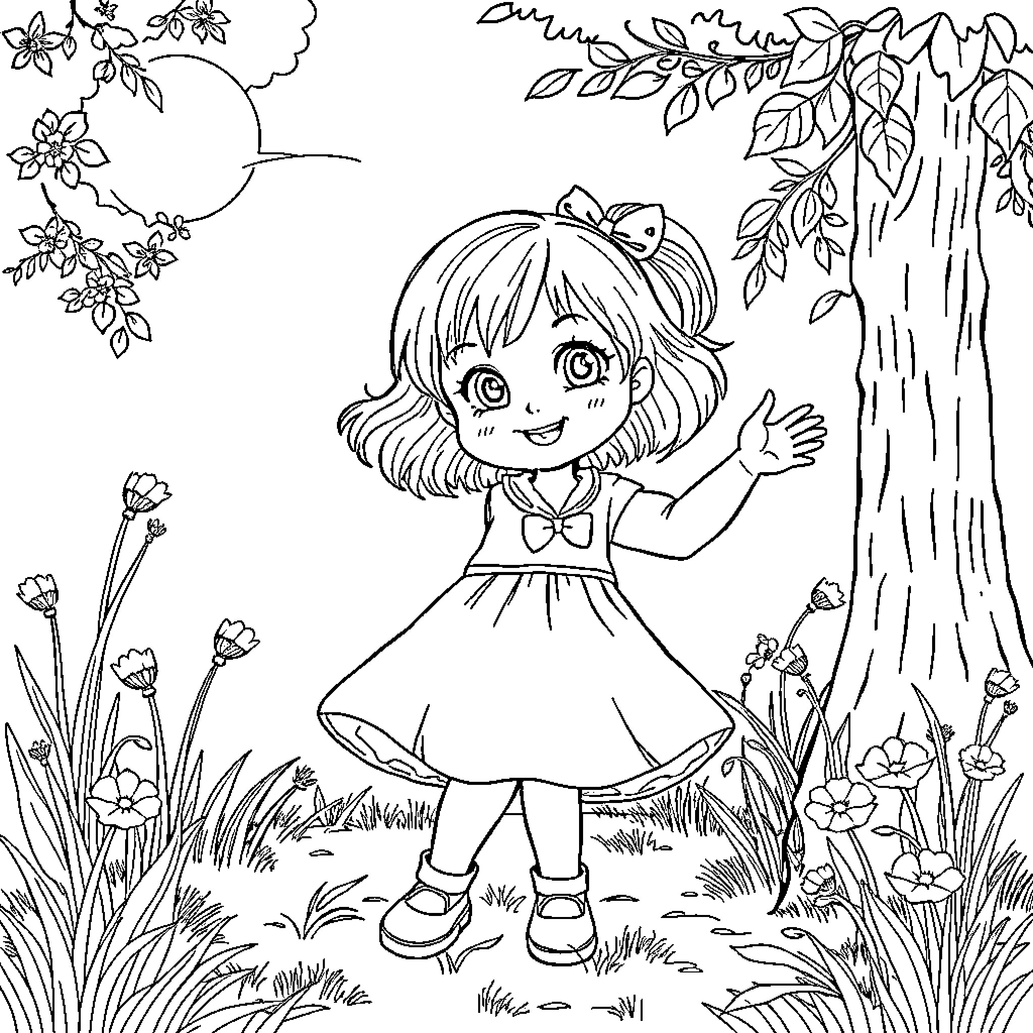 Girl enjoying nature's beauty in a magical garden Coloring Page (free black-and-white line drawing printable PDF for all, from beginners to advanced learners, including children, teens, adults, and seniors)