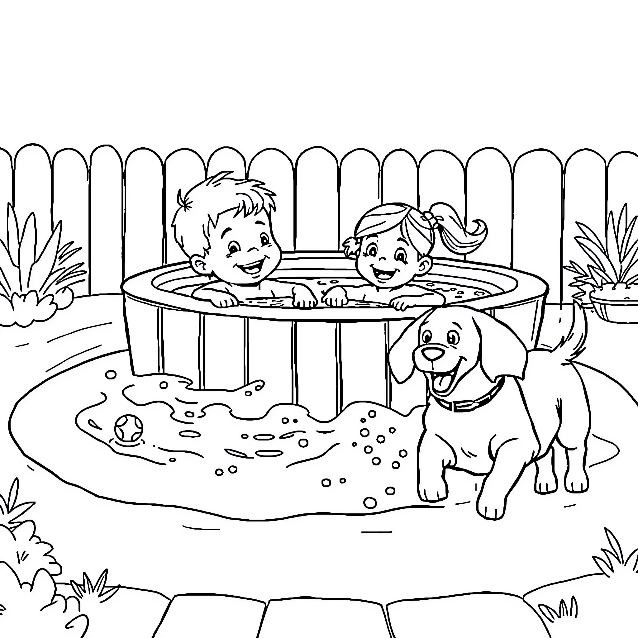 Boy and girl playing in backyard pool with dog Coloring Page (free black-and-white line drawing printable PDF for all, from beginners to advanced learners, including children, teens, adults, and seniors)