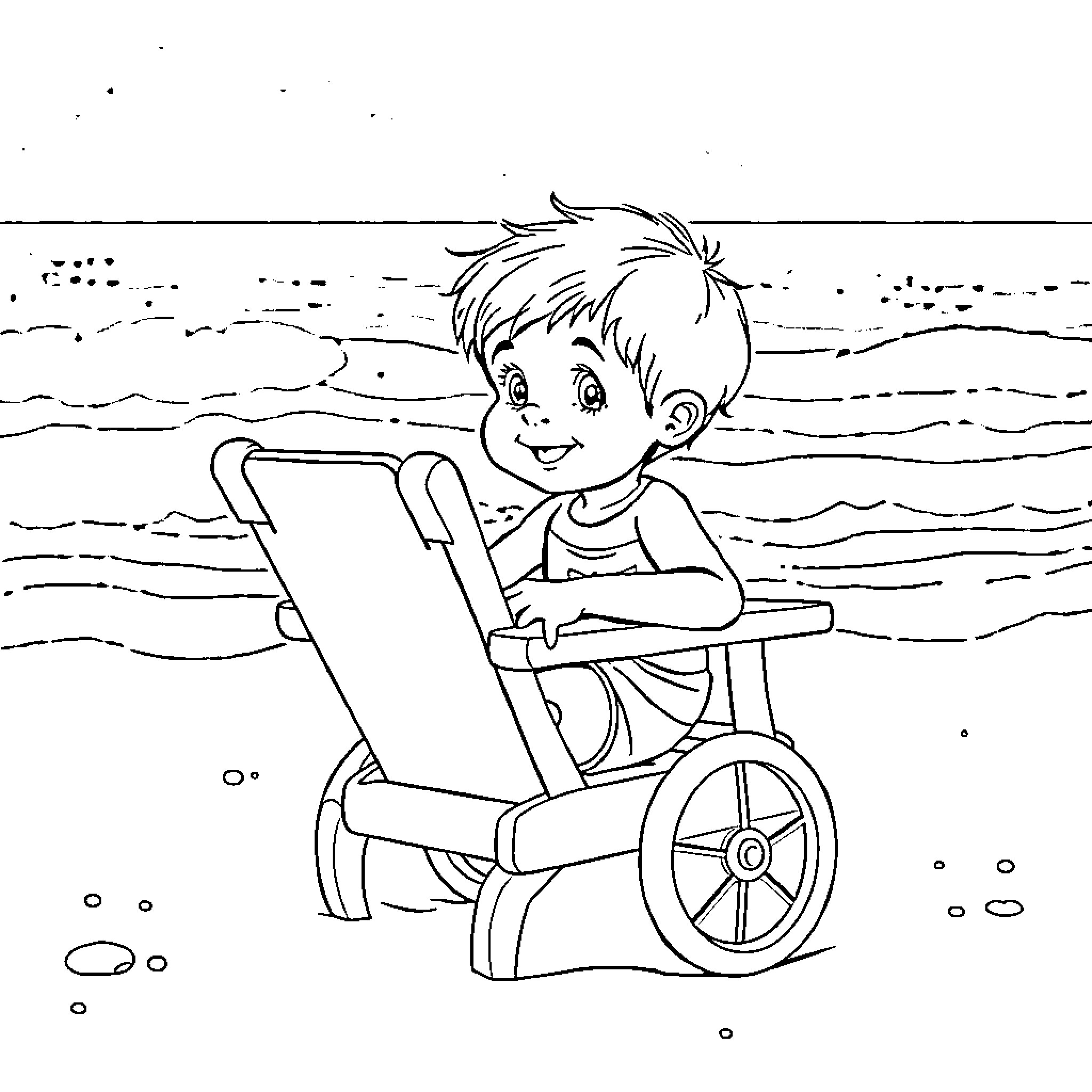 Niño playing happily on the beach in wheelchair Coloring Page (free black-and-white line drawing printable PDF for all, from beginners to advanced learners, including children, teens, adults, and seniors)