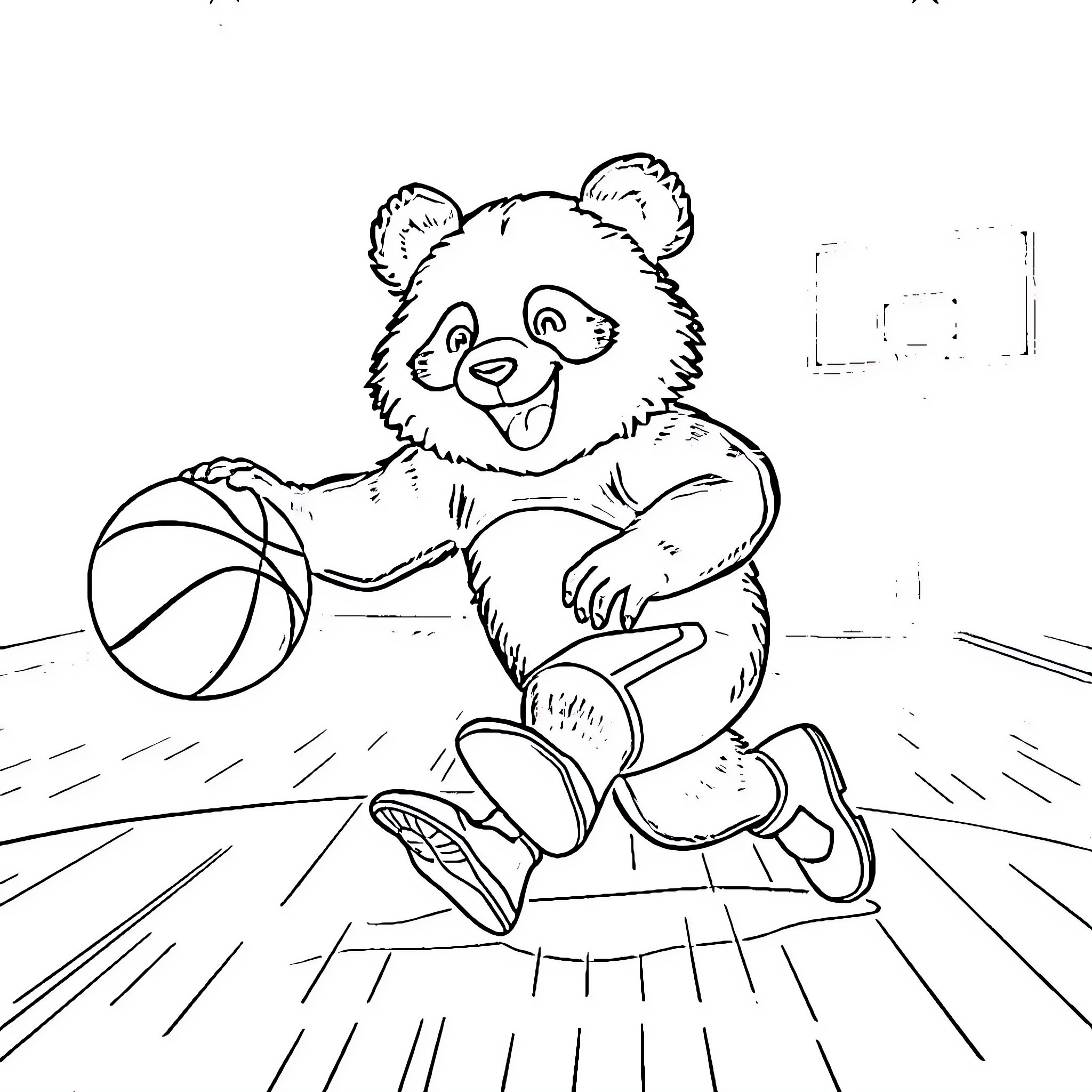 Panda playing joyfully with basketball on court Coloring Page (free black-and-white line drawing printable PDF for all, from beginners to advanced learners, including children, teens, adults, and seniors)