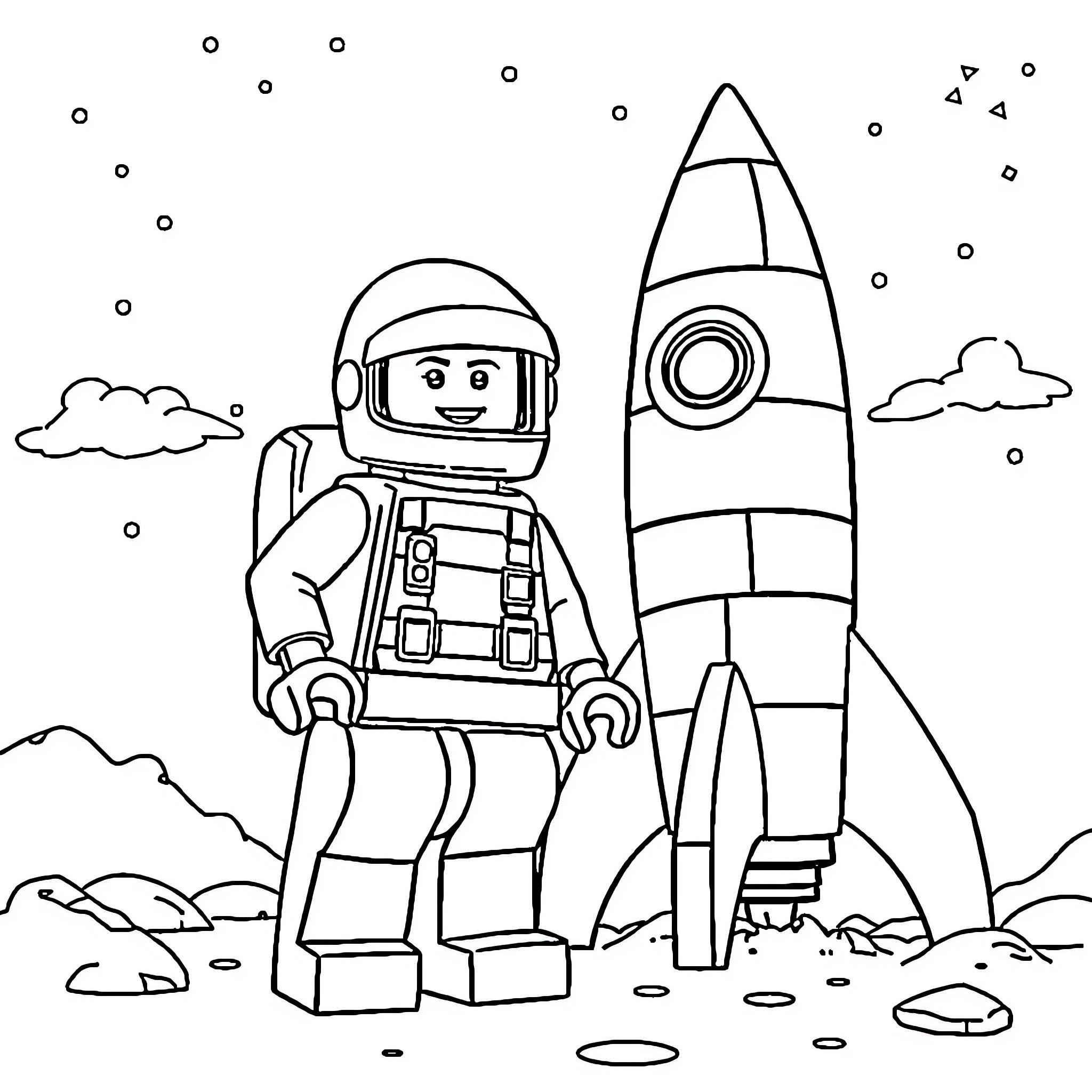 Astronaut standing proudly next to a rocket in space Coloring Page (free black-and-white line drawing printable PDF for all, from beginners to advanced learners, including children, teens, adults, and seniors)