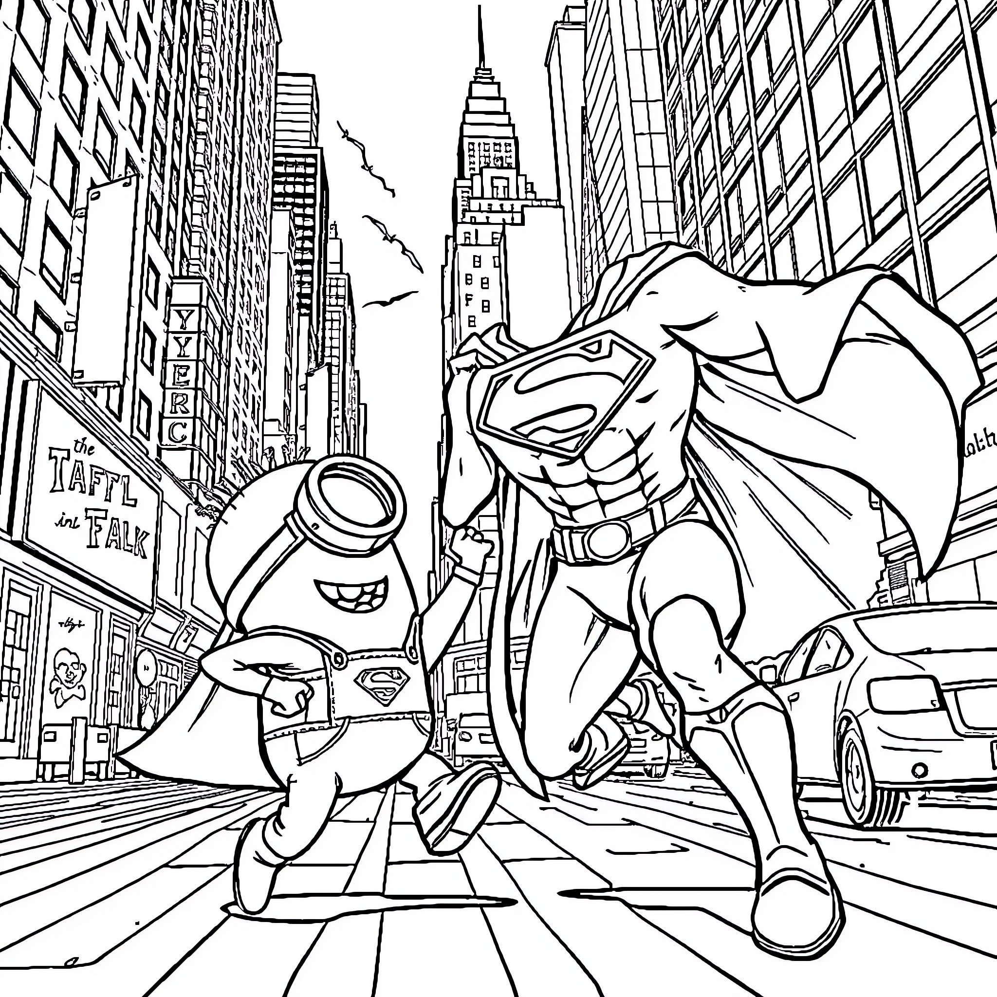 Minion superheroes fight crime in the city Coloring Page (free black-and-white line drawing printable PDF for all, from beginners to advanced learners, including children, teens, adults, and seniors)