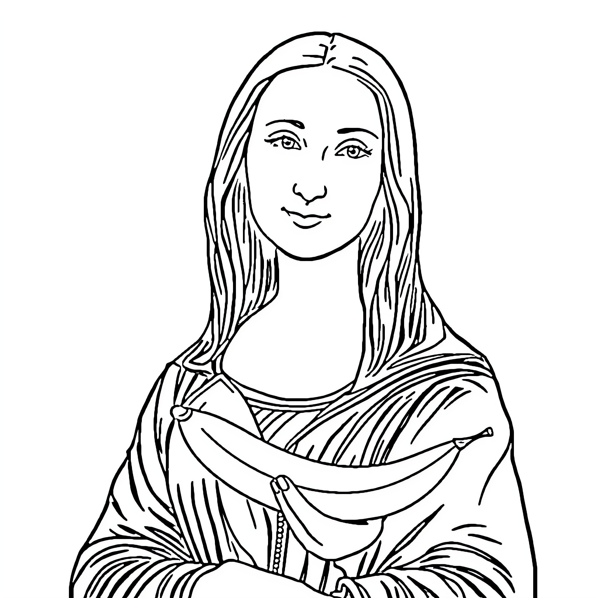 Mona Lisa's Serene Contemplation Coloring Page (free black-and-white line drawing printable PDF for all, from beginners to advanced learners, including children, teens, adults, and seniors)