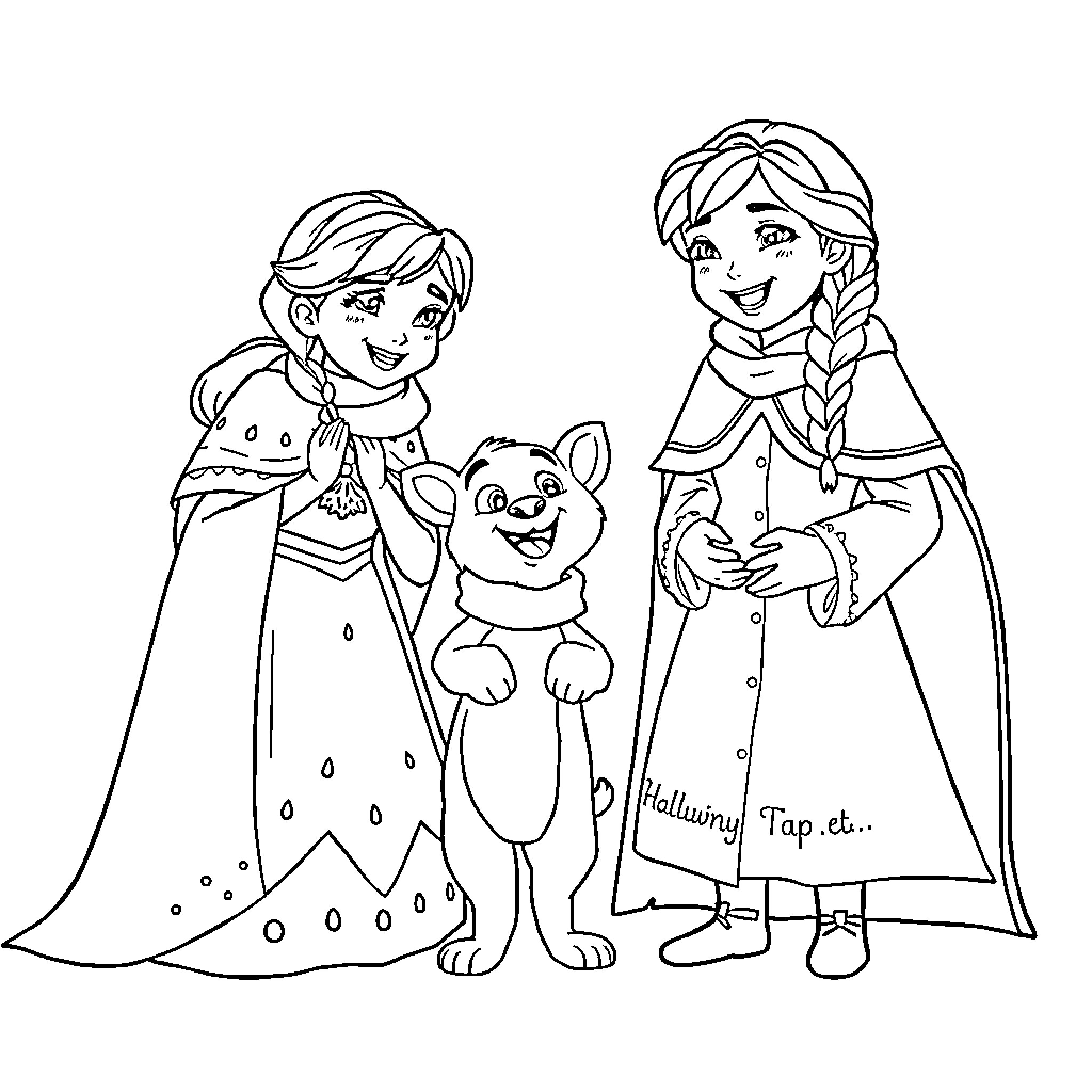 Queen sisters and their pet in winter attire Coloring Page (free black-and-white line drawing printable PDF for all, from beginners to advanced learners, including children, teens, adults, and seniors)
