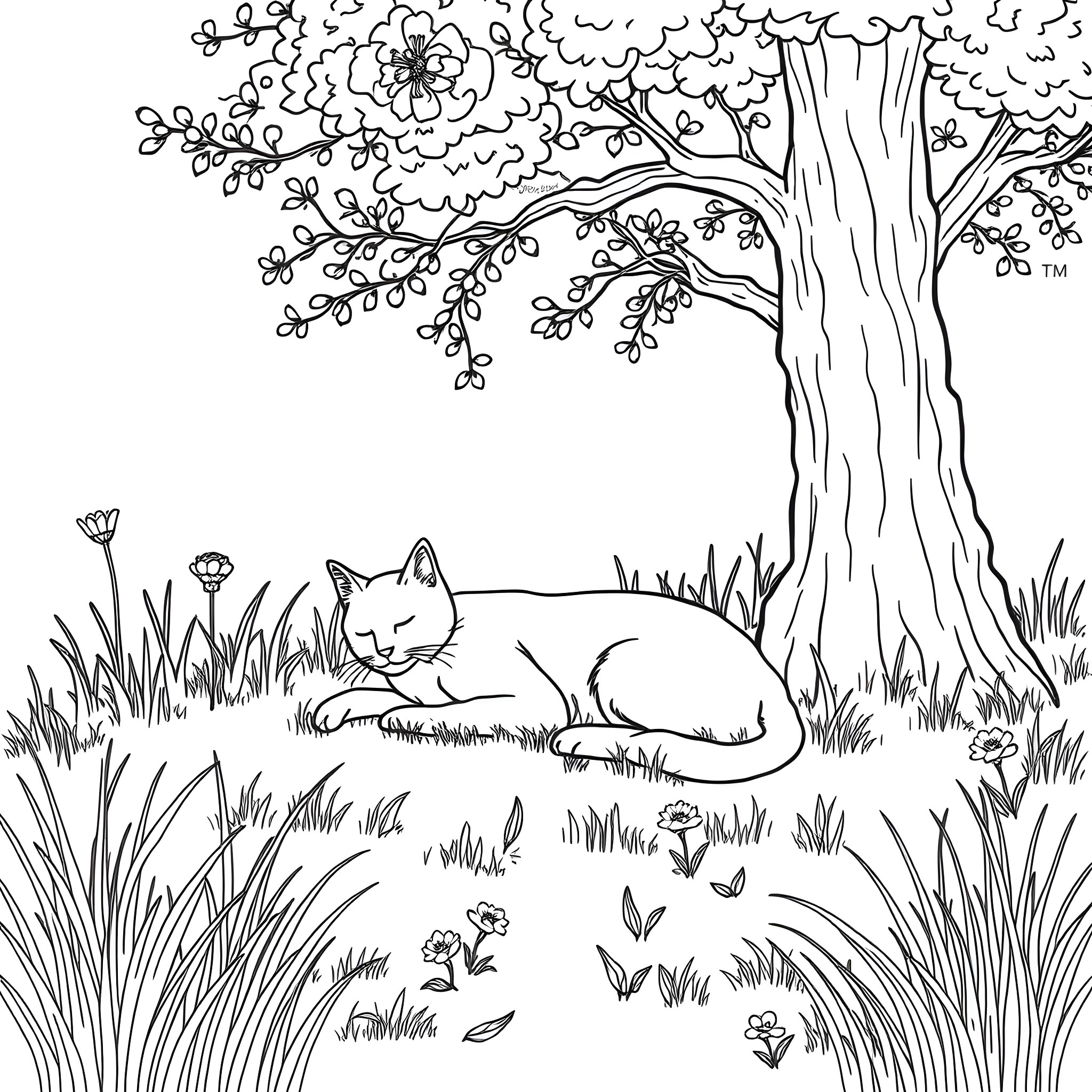 Cat relaxing in a nature scene Coloring Page (free black-and-white line drawing printable PDF for all, from beginners to advanced learners, including children, teens, adults, and seniors)