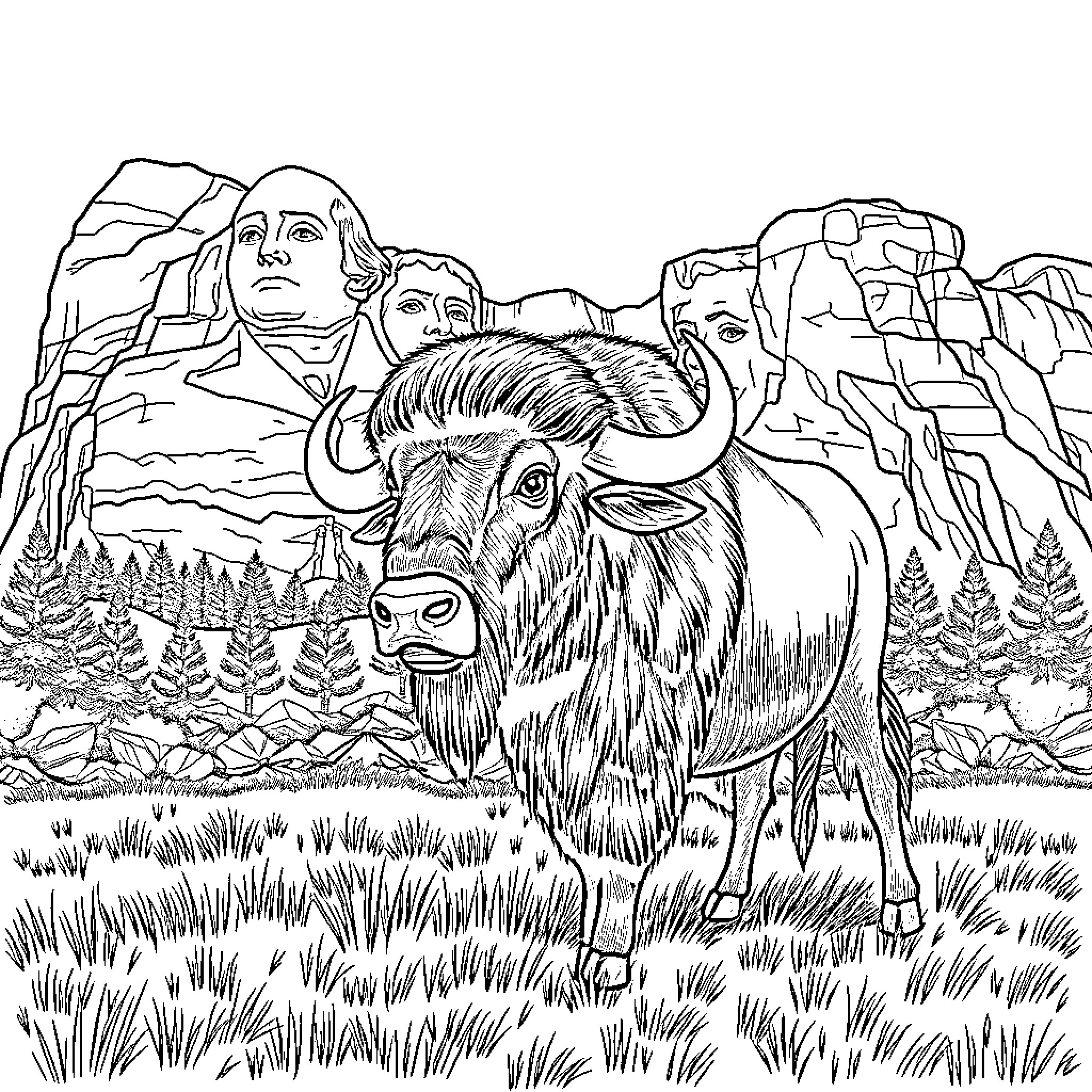 Buffalo Standing Majestic in the Mountain Landscape Coloring Page (free black-and-white line drawing printable PDF for all, from beginners to advanced learners, including children, teens, adults, and seniors)
