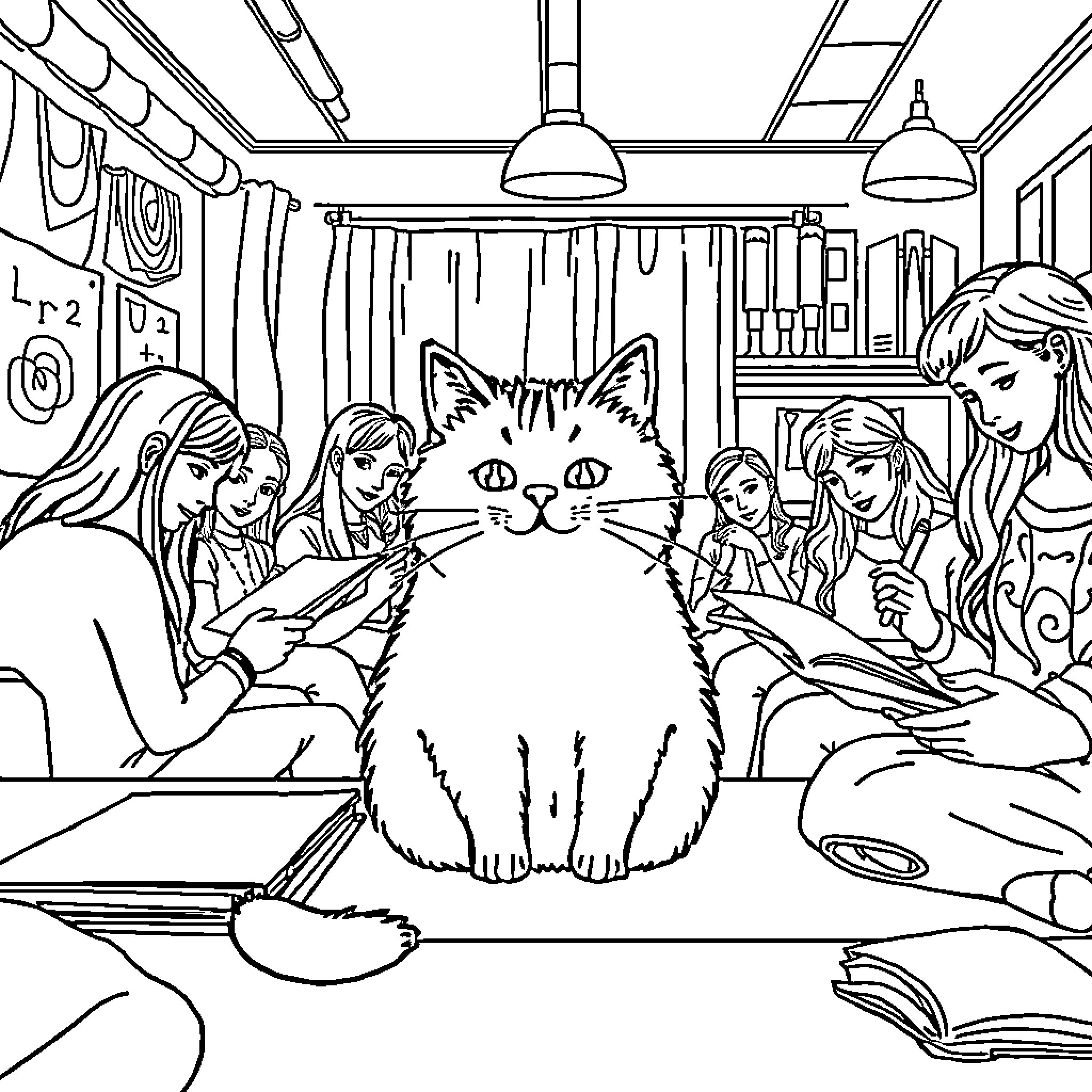 Pusheen Surrounded by Friends in Cozy Study Room Coloring Page (free black-and-white line drawing printable PDF for all, from beginners to advanced learners, including children, teens, adults, and seniors)