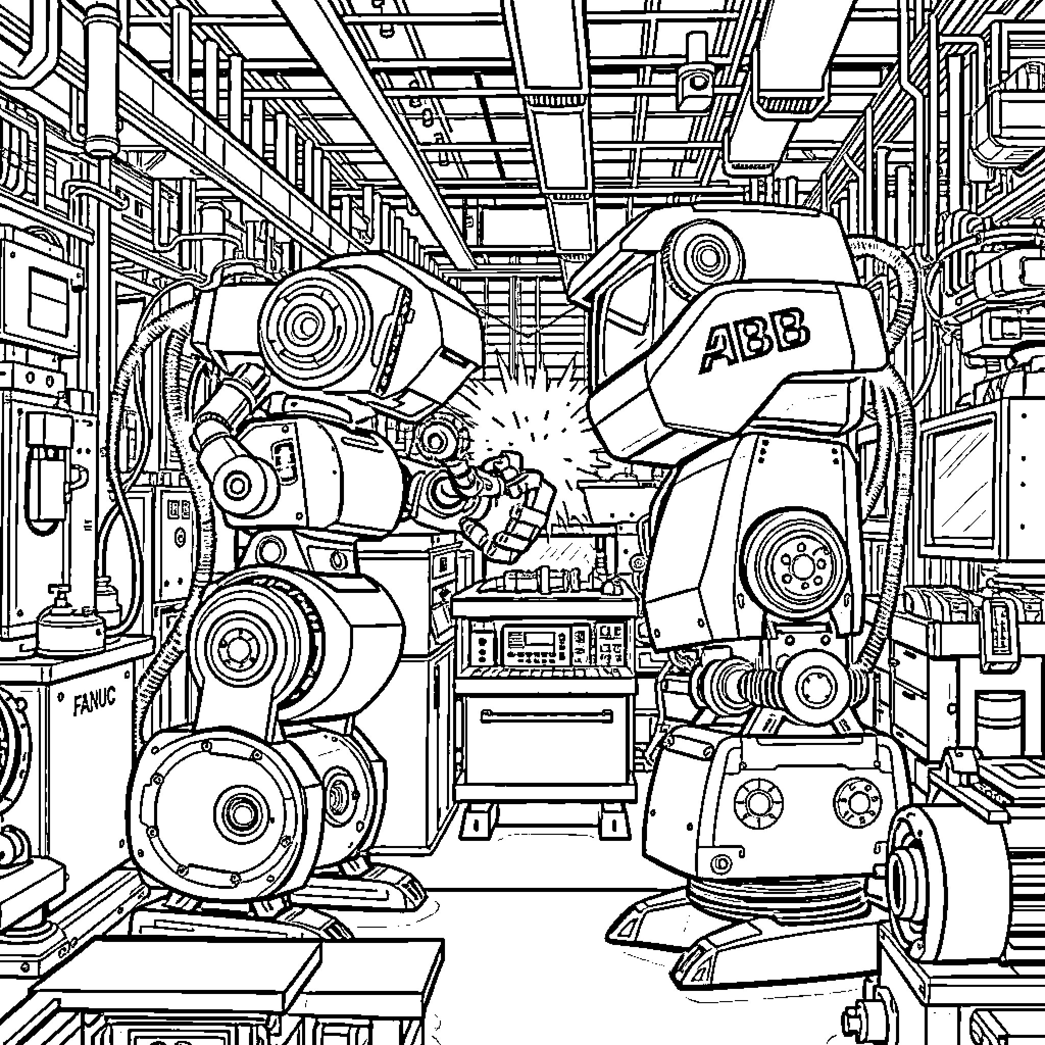 Robot Engineers Repairing Robotic Machines in Factory Coloring Page (free black-and-white line drawing printable PDF for all, from beginners to advanced learners, including children, teens, adults, and seniors)