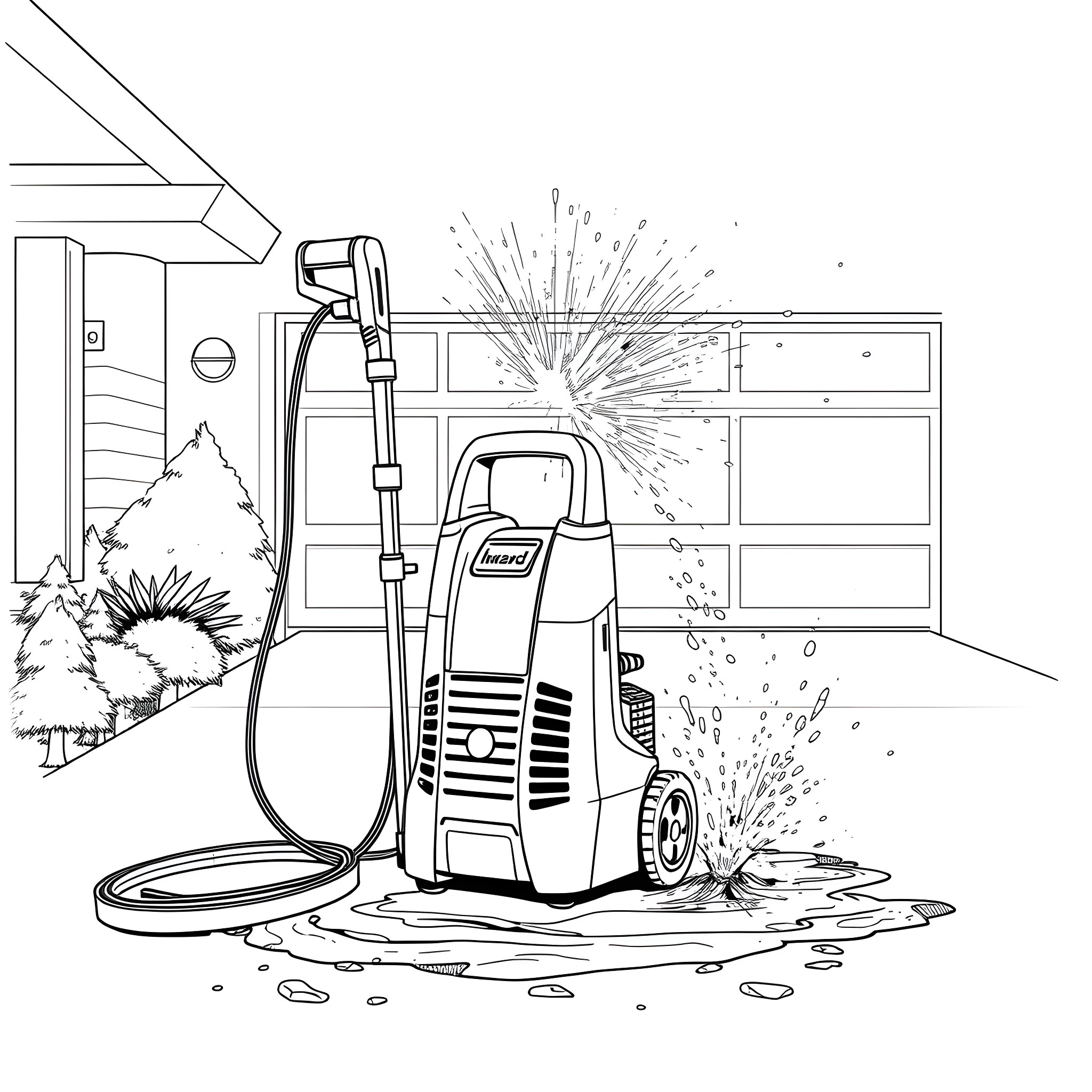 Power Washer Cleaning Outdoor Scene Coloring Page (free black-and-white line drawing printable PDF for all, from beginners to advanced learners, including children, teens, adults, and seniors)