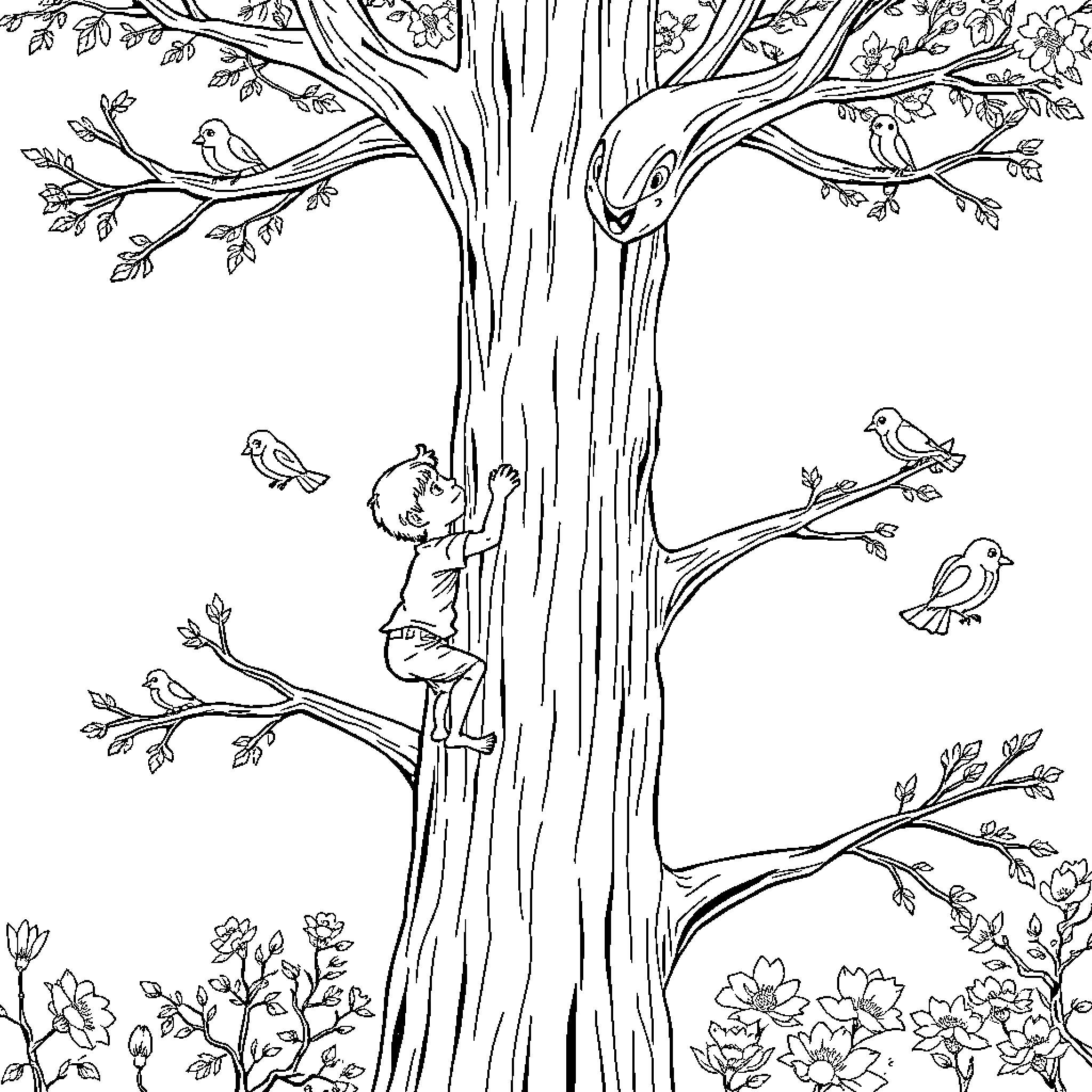 Boy climbing up a tree and surrounded by birds Coloring Page (free black-and-white line drawing printable PDF for all, from beginners to advanced learners, including children, teens, adults, and seniors)