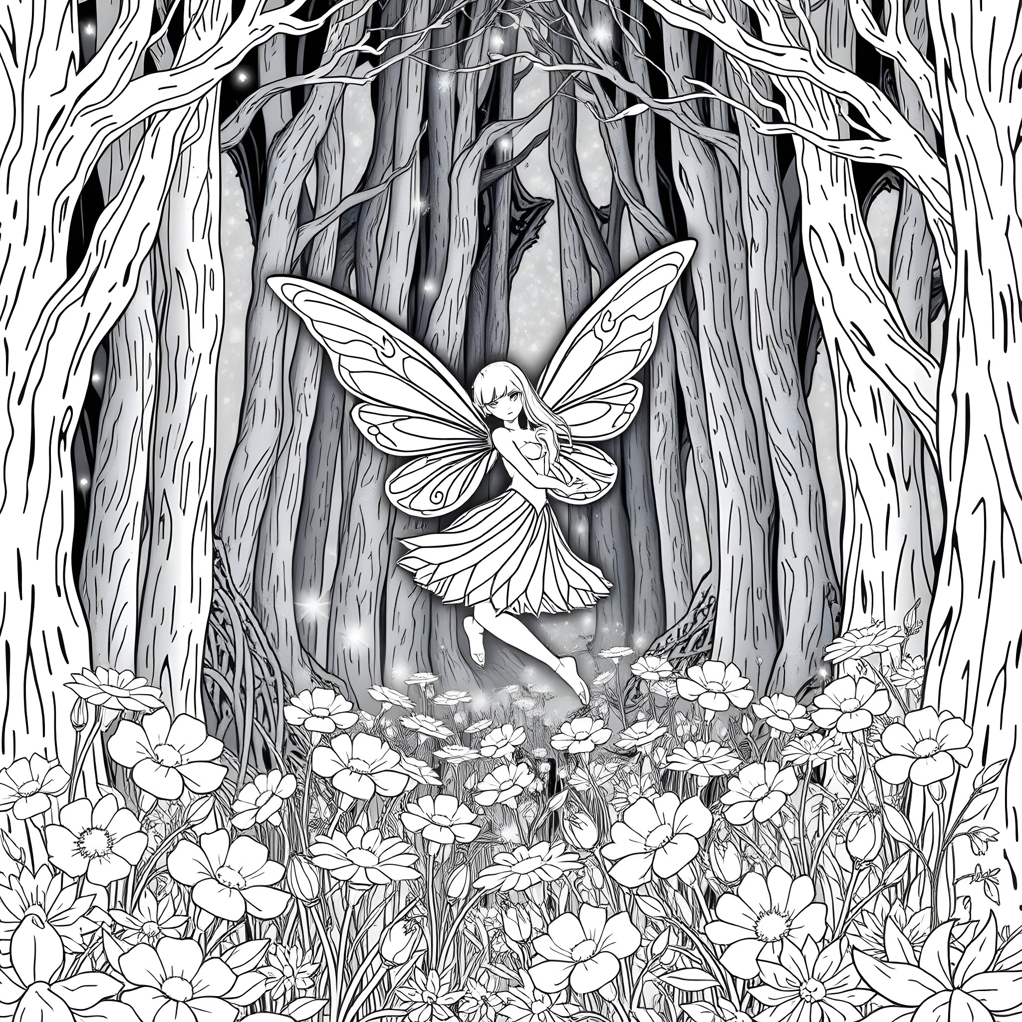 Fairy Ballerina Dancing in the Enchanted Forest Coloring Page (free black-and-white line drawing printable PDF for all, from beginners to advanced learners, including children, teens, adults, and seniors)