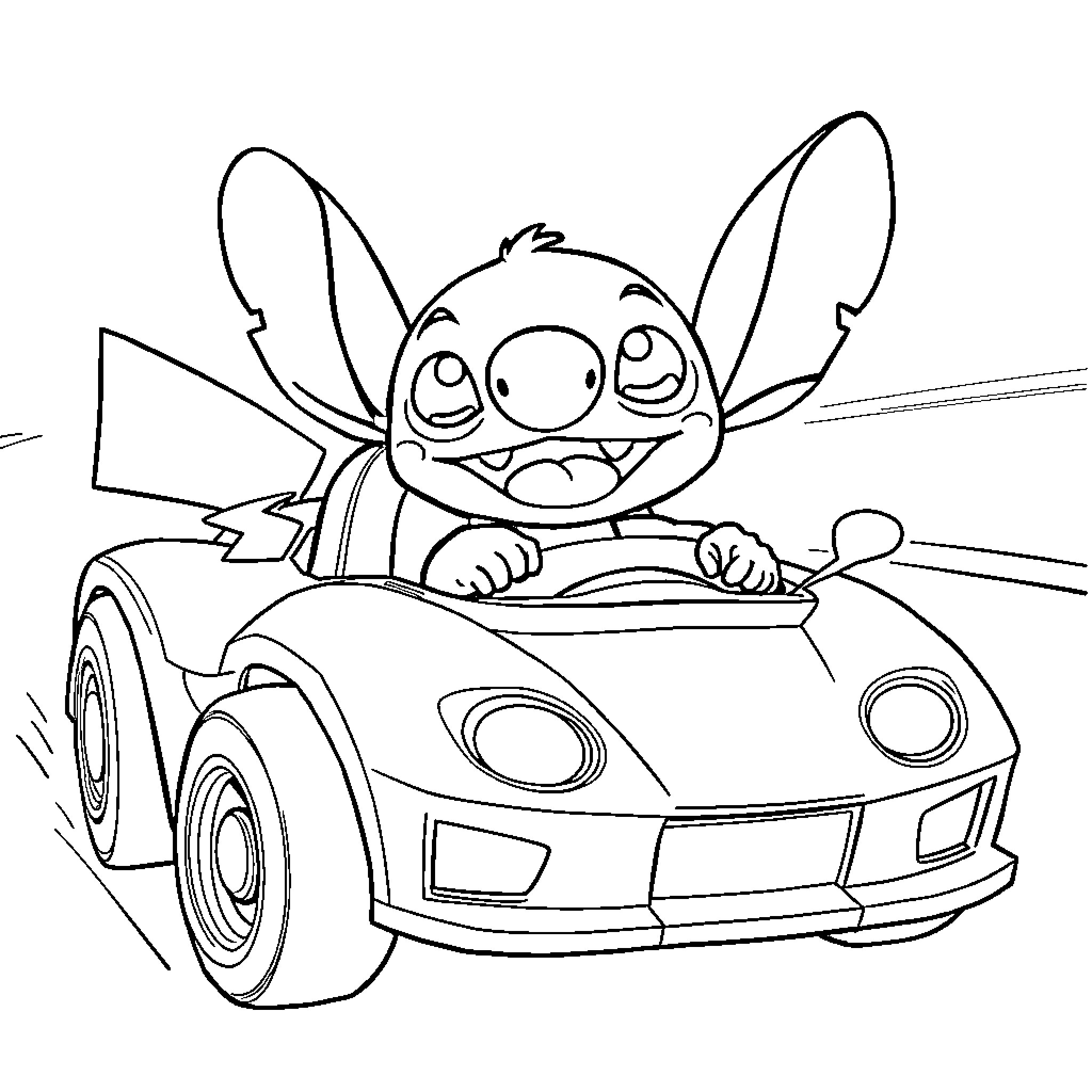 Stitch driving a cartoon car happily Coloring Page (free black-and-white line drawing printable PDF for all, from beginners to advanced learners, including children, teens, adults, and seniors)