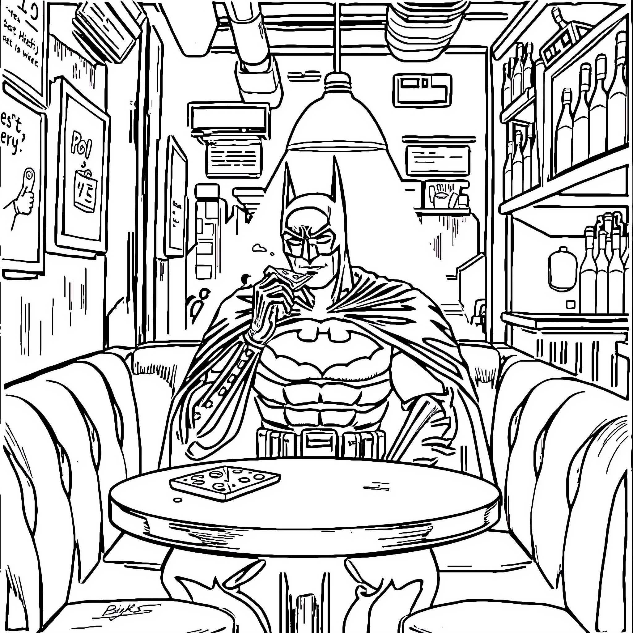 Batman Enjoying a Late Night Snack in His Hideout Coloring Page (free black-and-white line drawing printable PDF for all, from beginners to advanced learners, including children, teens, adults, and seniors)