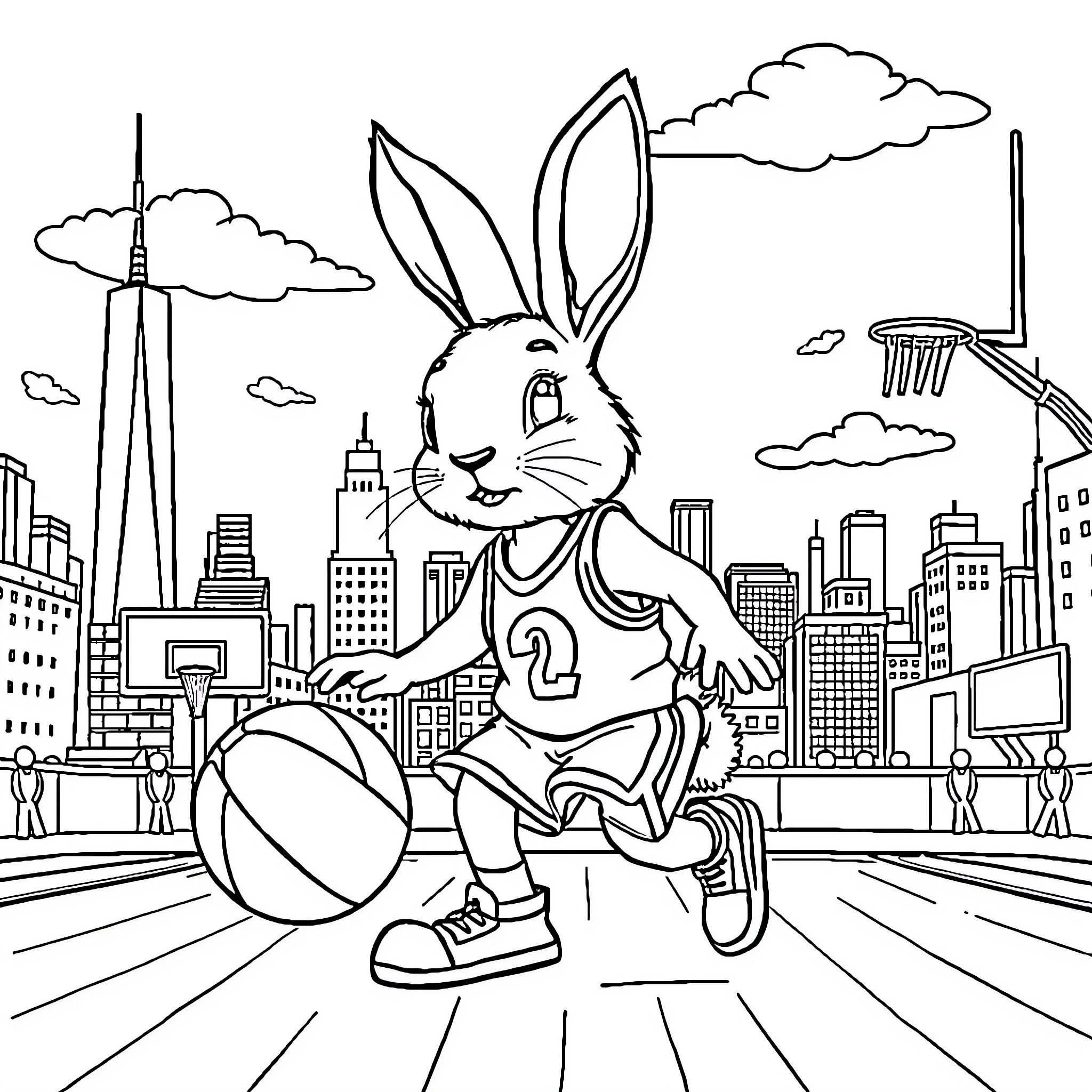 Rabbit playing basketball in the city Coloring Page (free black-and-white line drawing printable PDF for all, from beginners to advanced learners, including children, teens, adults, and seniors)