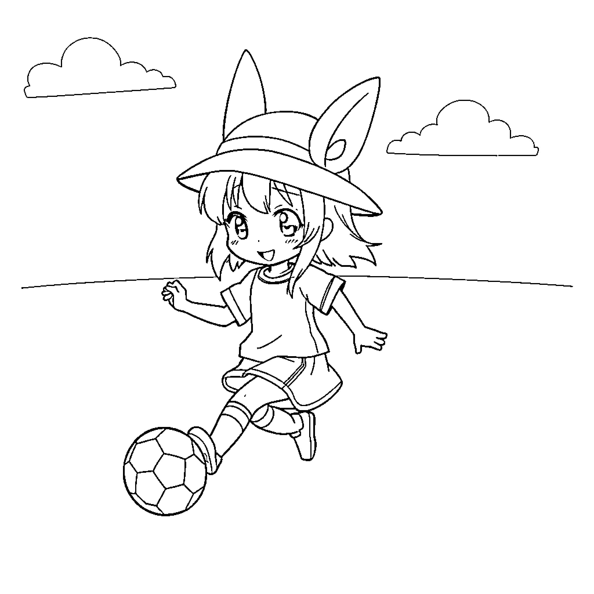 Kuromi playing with a soccer ball in the park Coloring Page (free black-and-white line drawing printable PDF for all, from beginners to advanced learners, including children, teens, adults, and seniors)