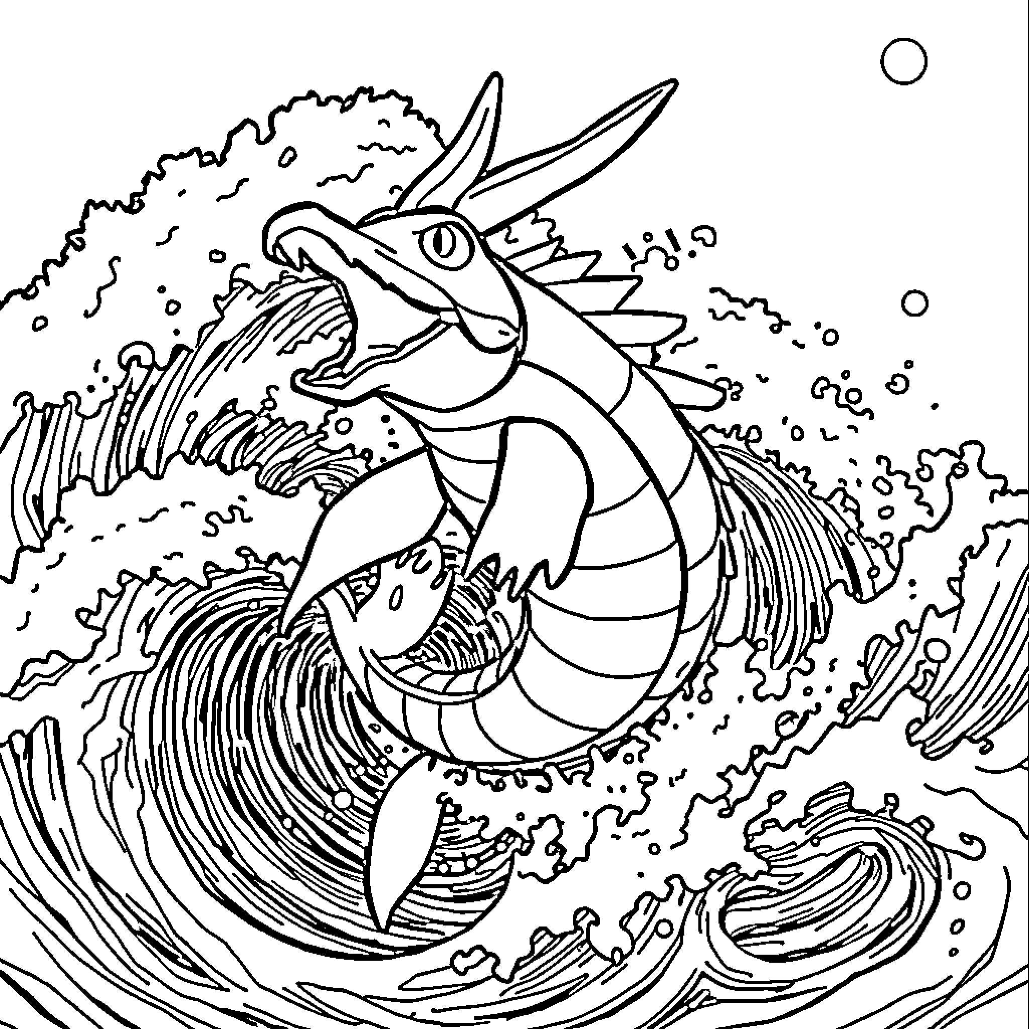 Gyarados unleashing powerful attack in turbulent waters Coloring Page (free black-and-white line drawing printable PDF for all, from beginners to advanced learners, including children, teens, adults, and seniors)