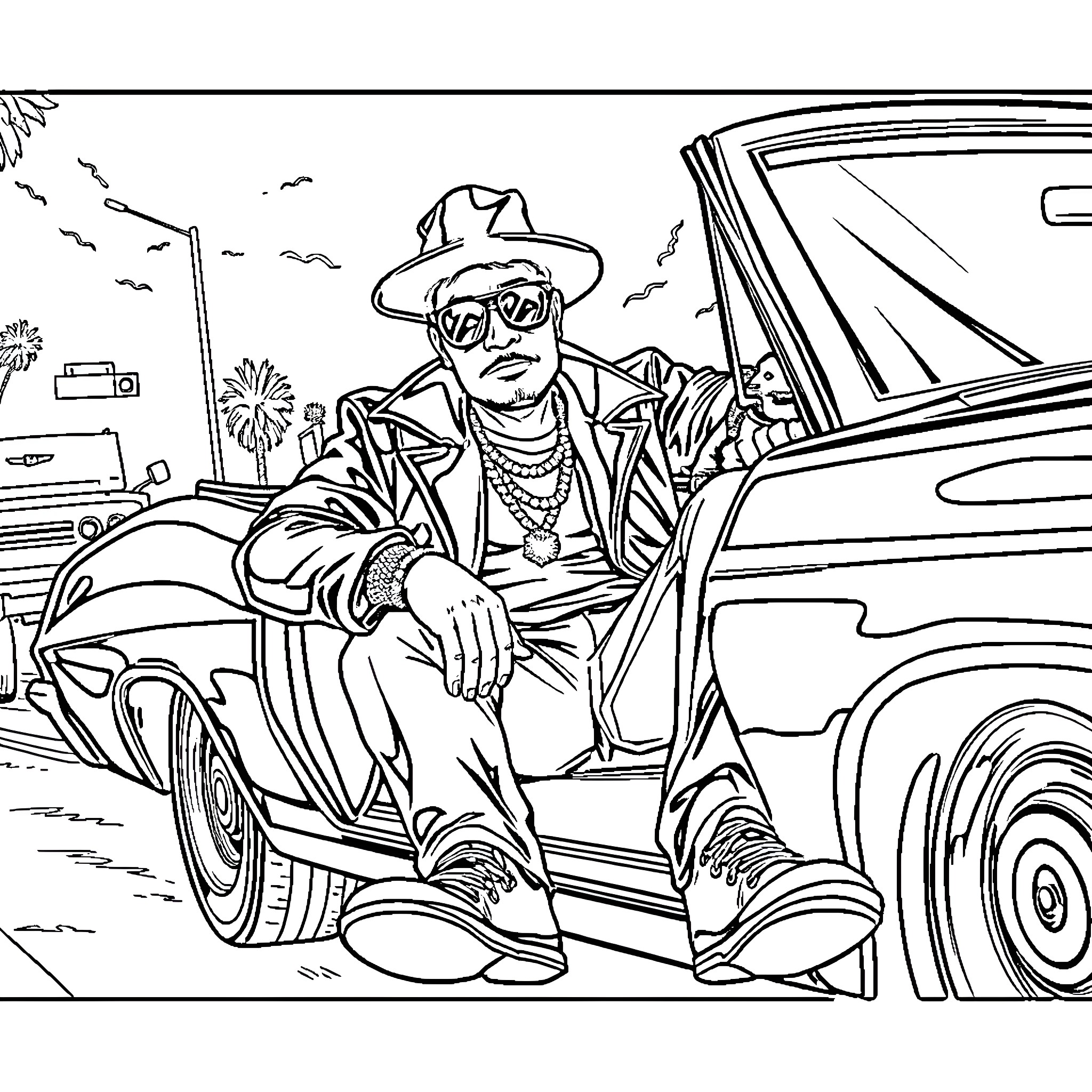 Slickback Chilling in Classic Car Coloring Page (free black-and-white line drawing printable PDF for all, from beginners to advanced learners, including children, teens, adults, and seniors)