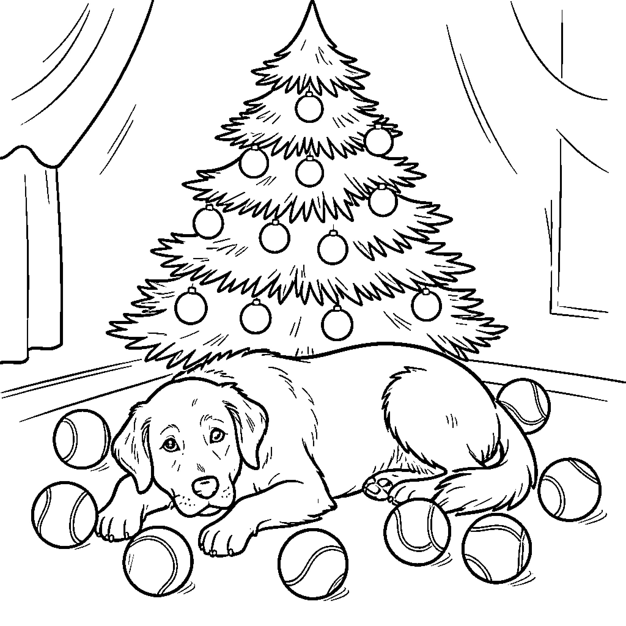 Dog resting peacefully near a decorated Christmas tree Coloring Page (free black-and-white line drawing printable PDF for all, from beginners to advanced learners, including children, teens, adults, and seniors)