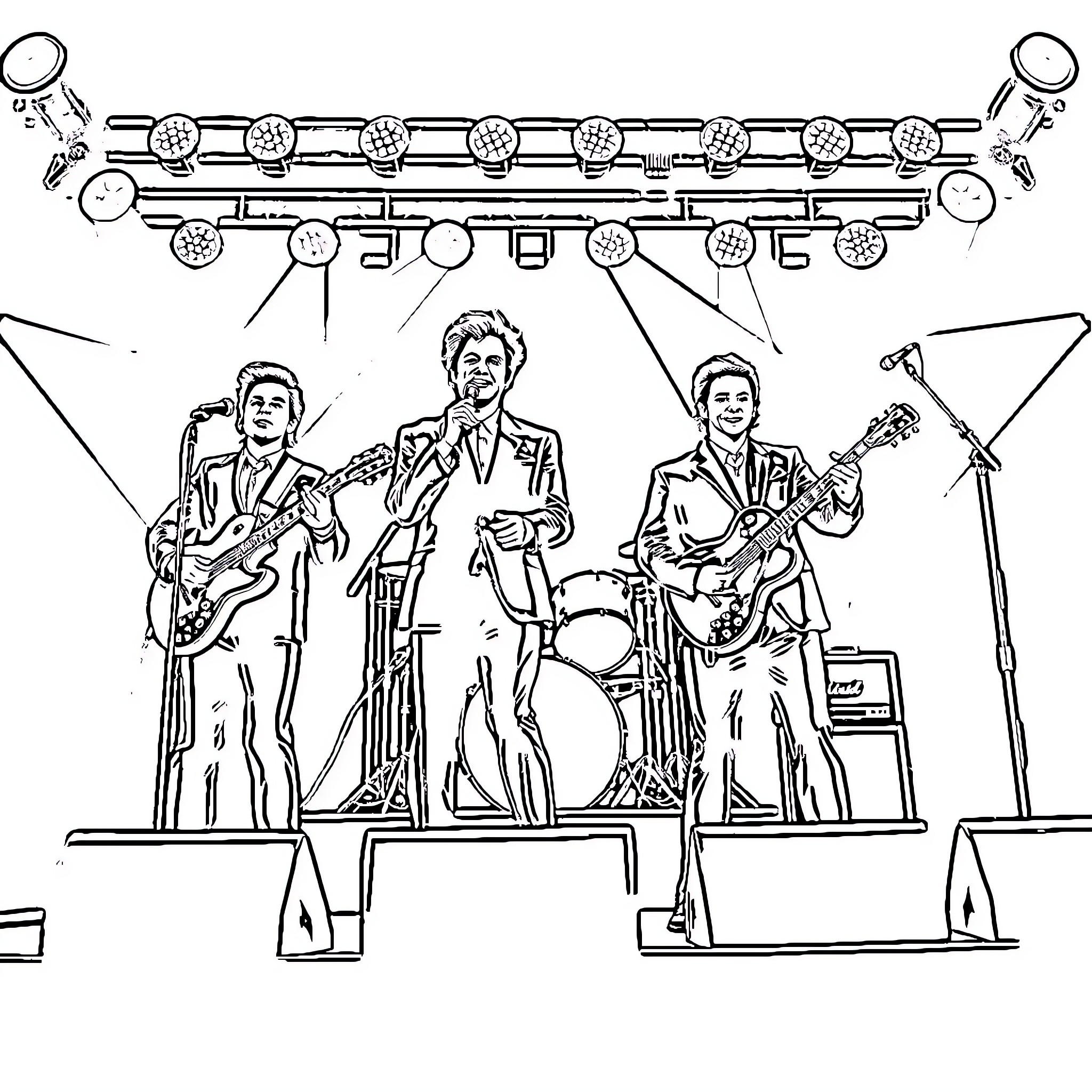 Jersey Boy Band Rocking on Stage Coloring Page (free black-and-white line drawing printable PDF for all, from beginners to advanced learners, including children, teens, adults, and seniors)