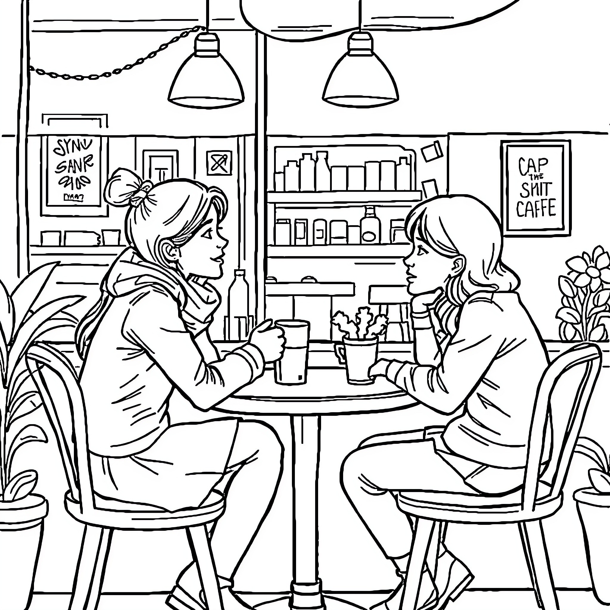 Cat Friends Chatting in a Cozy Cafe Coloring Page (free black-and-white line drawing printable PDF for all, from beginners to advanced learners, including children, teens, adults, and seniors)