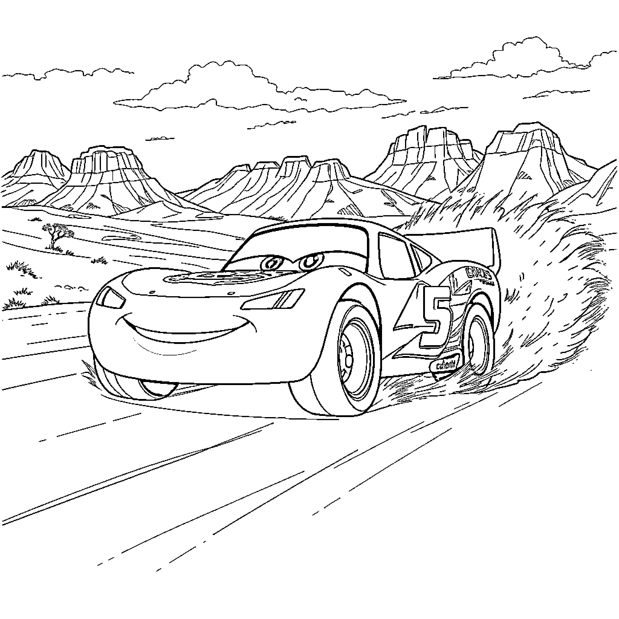 Lightning McQueen racing through desert landscape Coloring Page (free black-and-white line drawing printable PDF for all, from beginners to advanced learners, including children, teens, adults, and seniors)