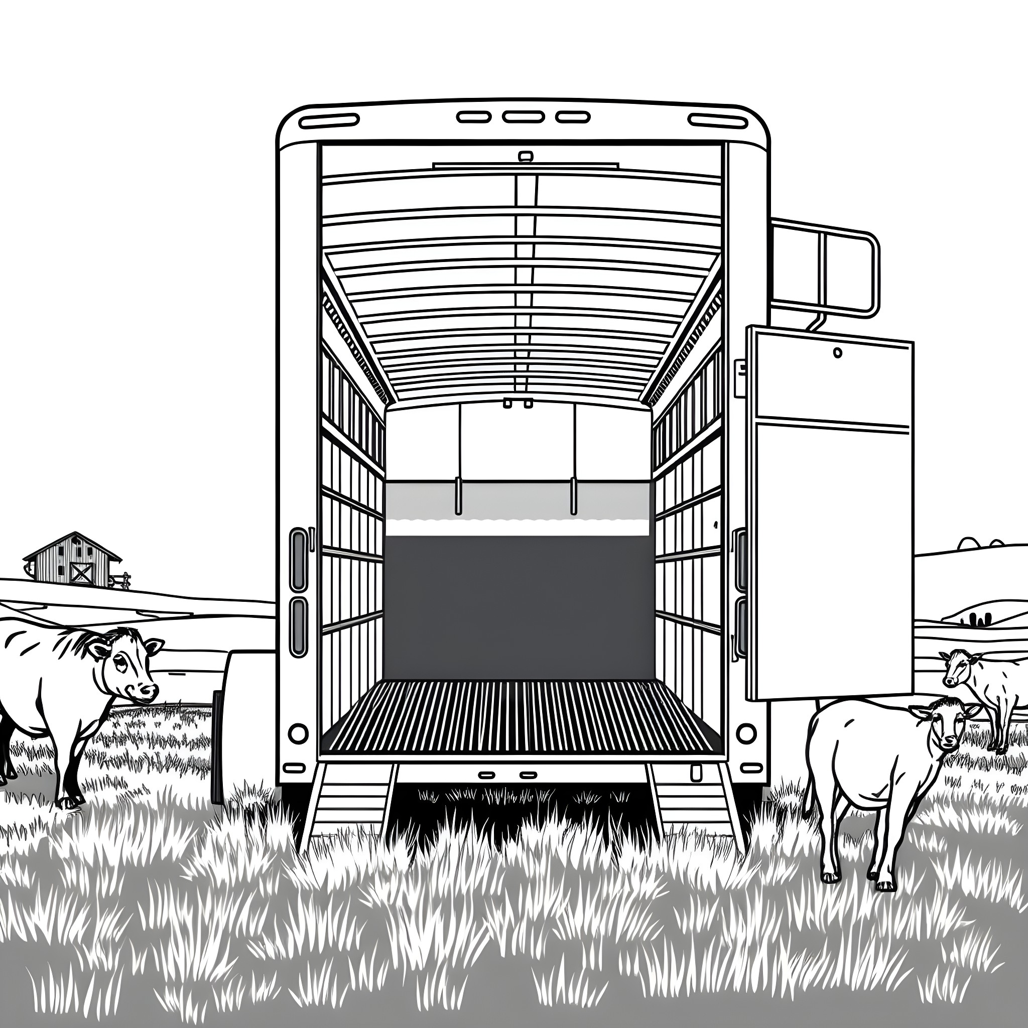 Gooseneck Trailer with Animals in Grass Coloring Page (free black-and-white line drawing printable PDF for all, from beginners to advanced learners, including children, teens, adults, and seniors)