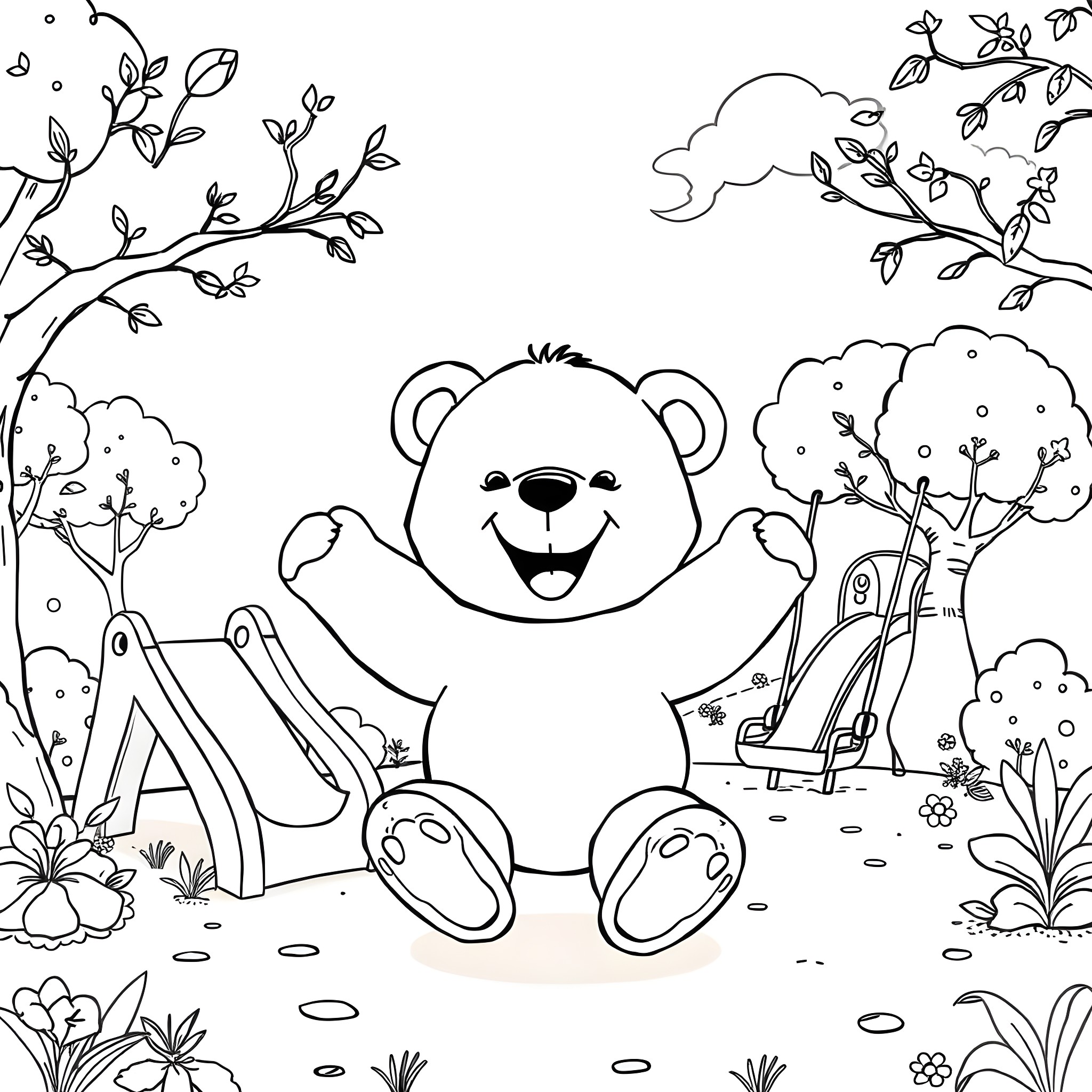 Teddy Bear Enjoying a Playful Day in the Park Coloring Page (free black-and-white line drawing printable PDF for all, from beginners to advanced learners, including children, teens, adults, and seniors)