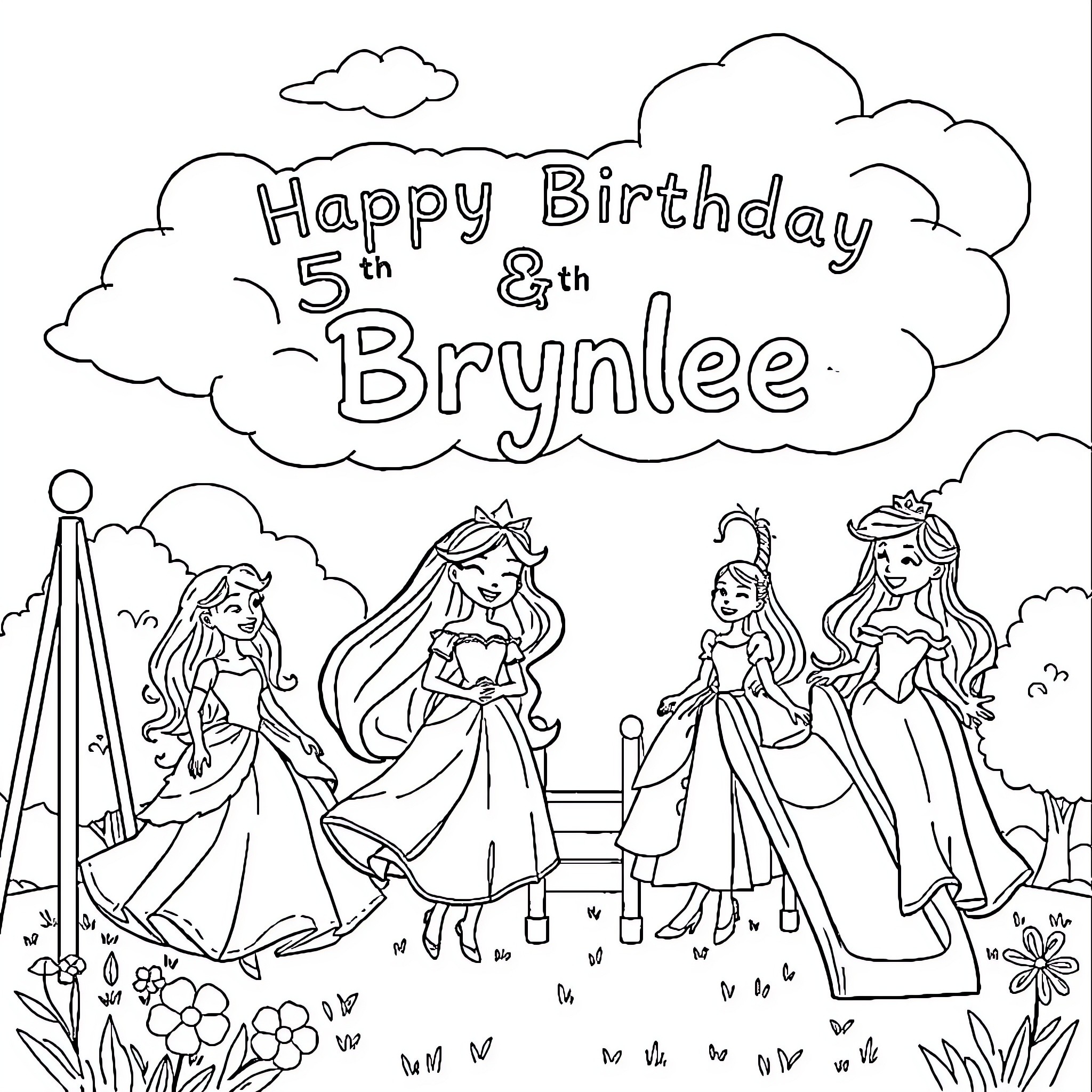 Princess Brynlee's Magical Birthday Celebration Coloring Page (free black-and-white line drawing printable PDF for all, from beginners to advanced learners, including children, teens, adults, and seniors)