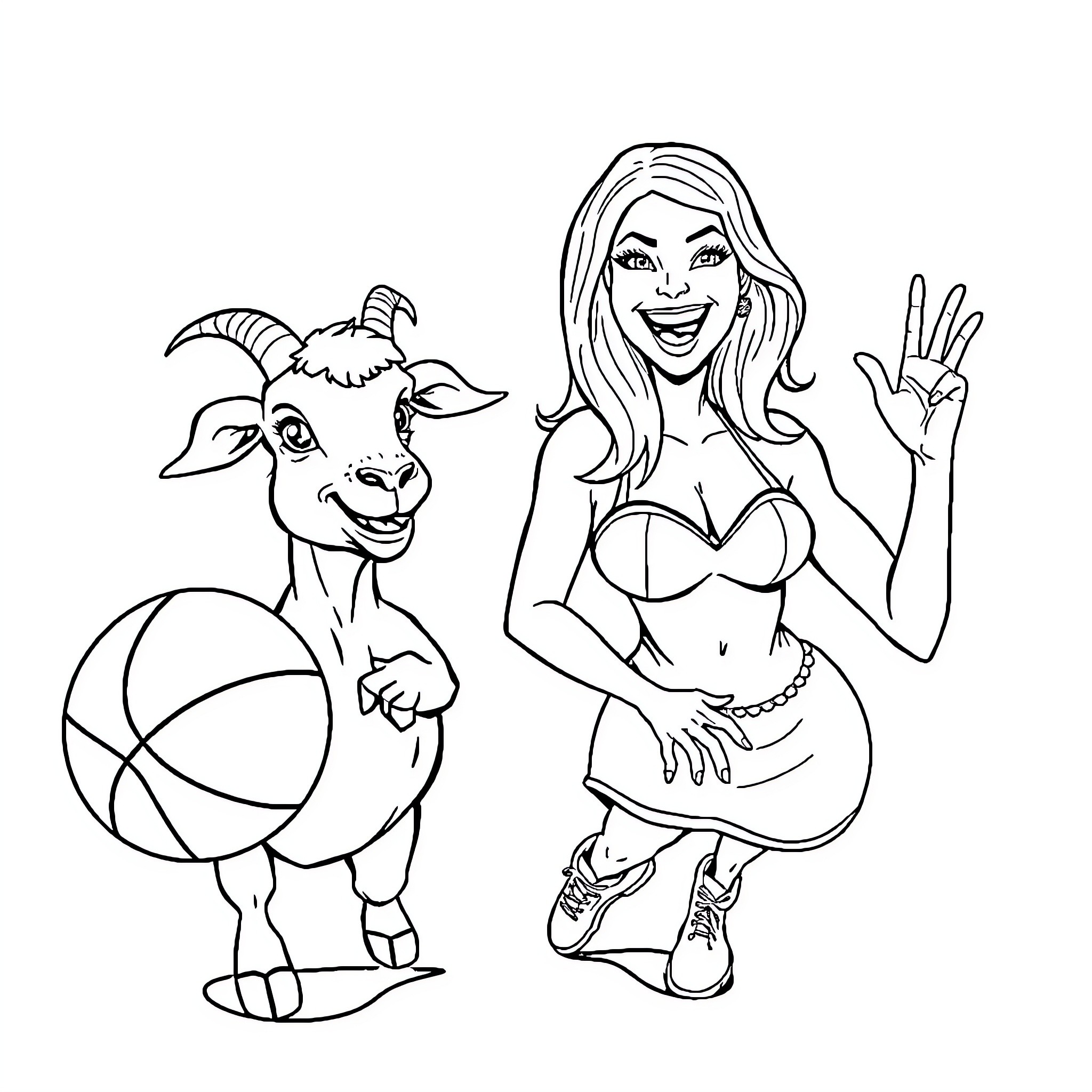 Goat and smiling woman with beach ball Coloring Page (free black-and-white line drawing printable PDF for all, from beginners to advanced learners, including children, teens, adults, and seniors)