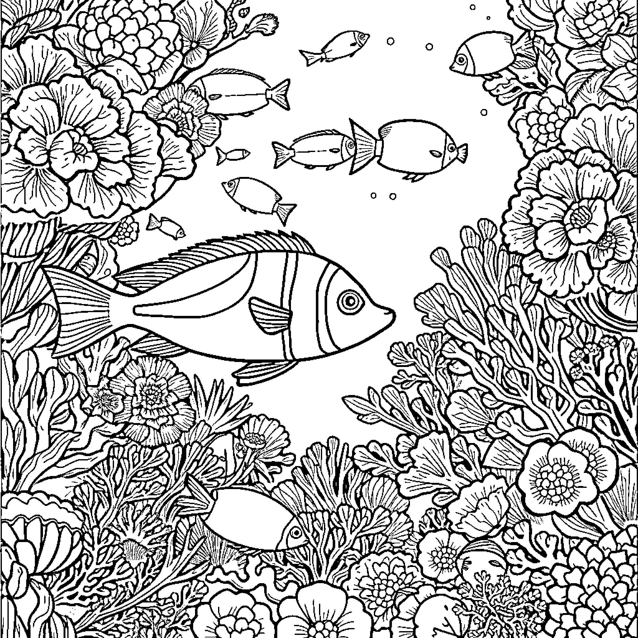 Marine Life Underwater Garden with Vibrant Flowers and Fishes Coloring Page (free black-and-white line drawing printable PDF for all, from beginners to advanced learners, including children, teens, adults, and seniors)