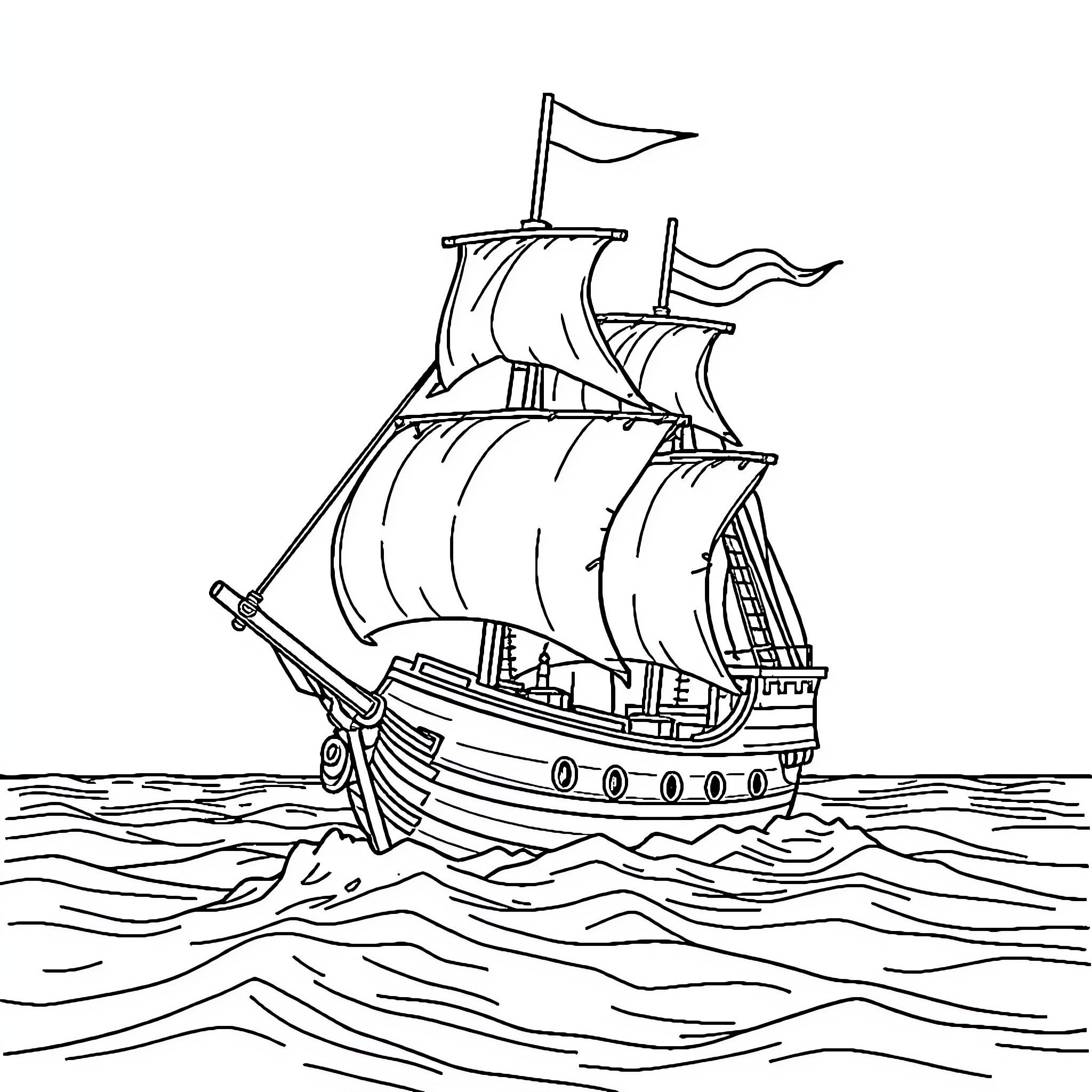 Pirate Ship Sailing the Seas Coloring Page (free black-and-white line drawing printable PDF for all, from beginners to advanced learners, including children, teens, adults, and seniors)