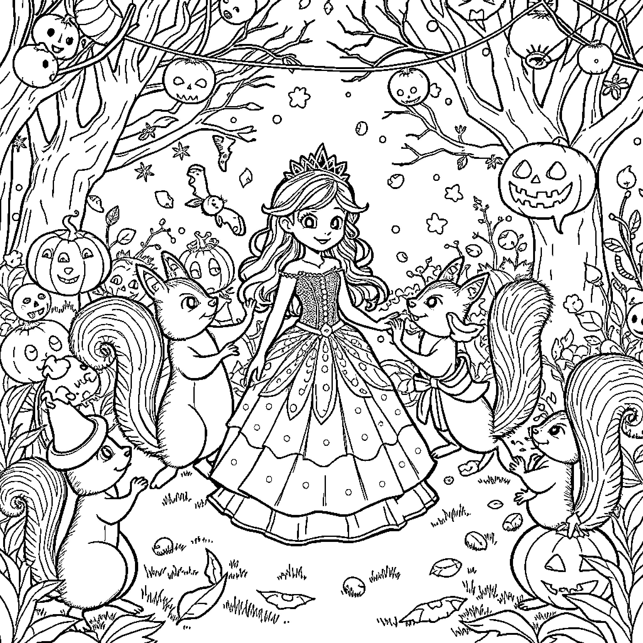 Squirrel princess surrounded by enchanted forest creatures Coloring Page (free black-and-white line drawing printable PDF for all, from beginners to advanced learners, including children, teens, adults, and seniors)