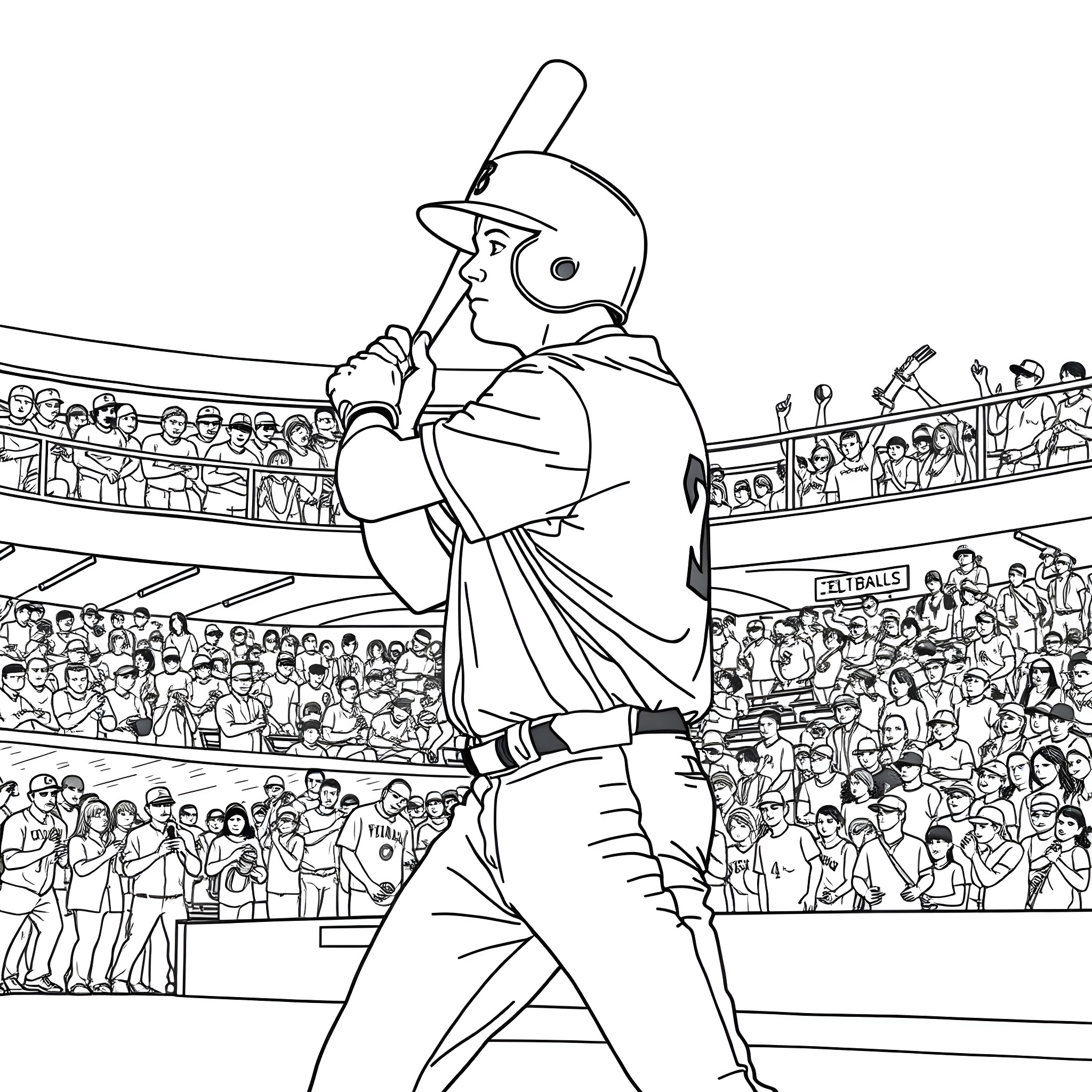 Jac Caglianone batting at the baseball stadium Coloring Page (free black-and-white line drawing printable PDF for all, from beginners to advanced learners, including children, teens, adults, and seniors)