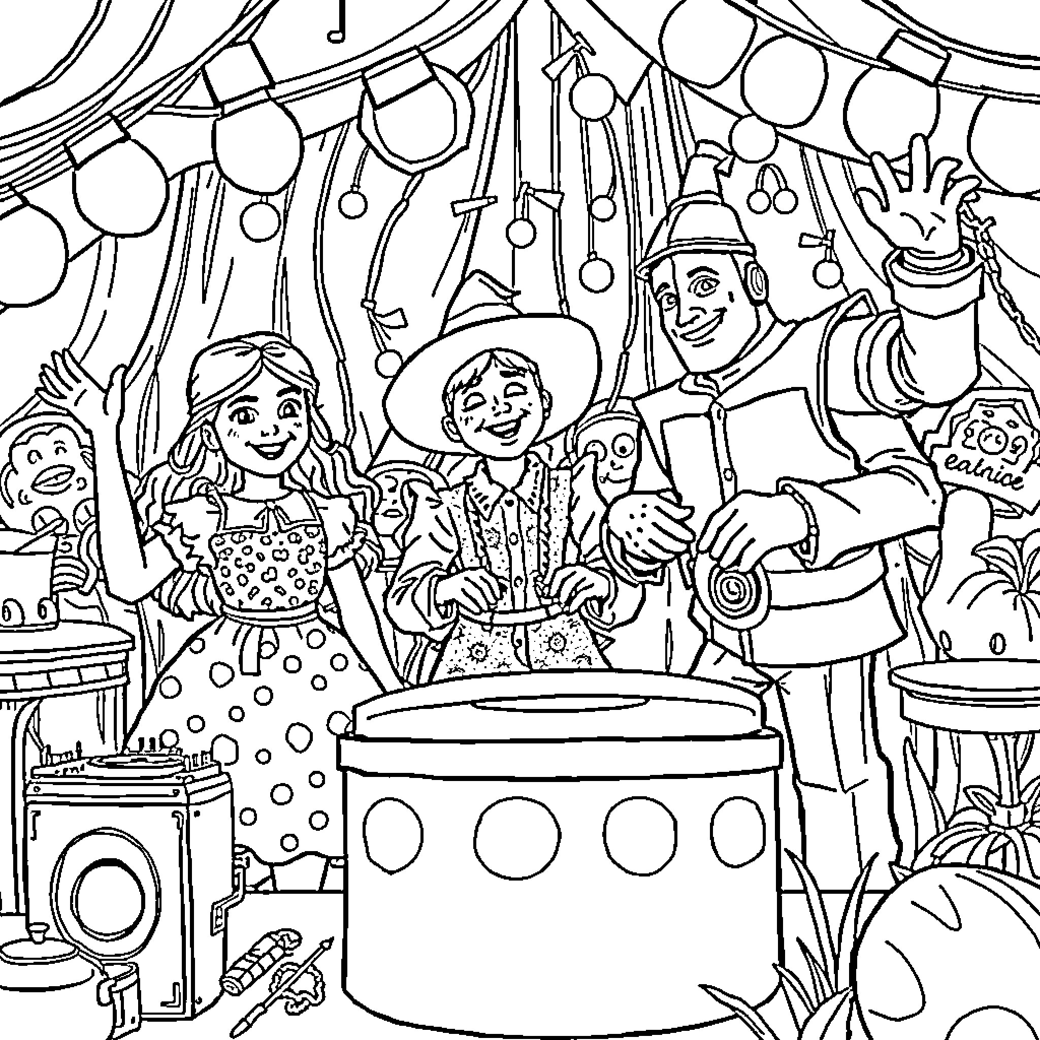 Wizard of Oz characters in a festive scene Coloring Page (free black-and-white line drawing printable PDF for all, from beginners to advanced learners, including children, teens, adults, and seniors)