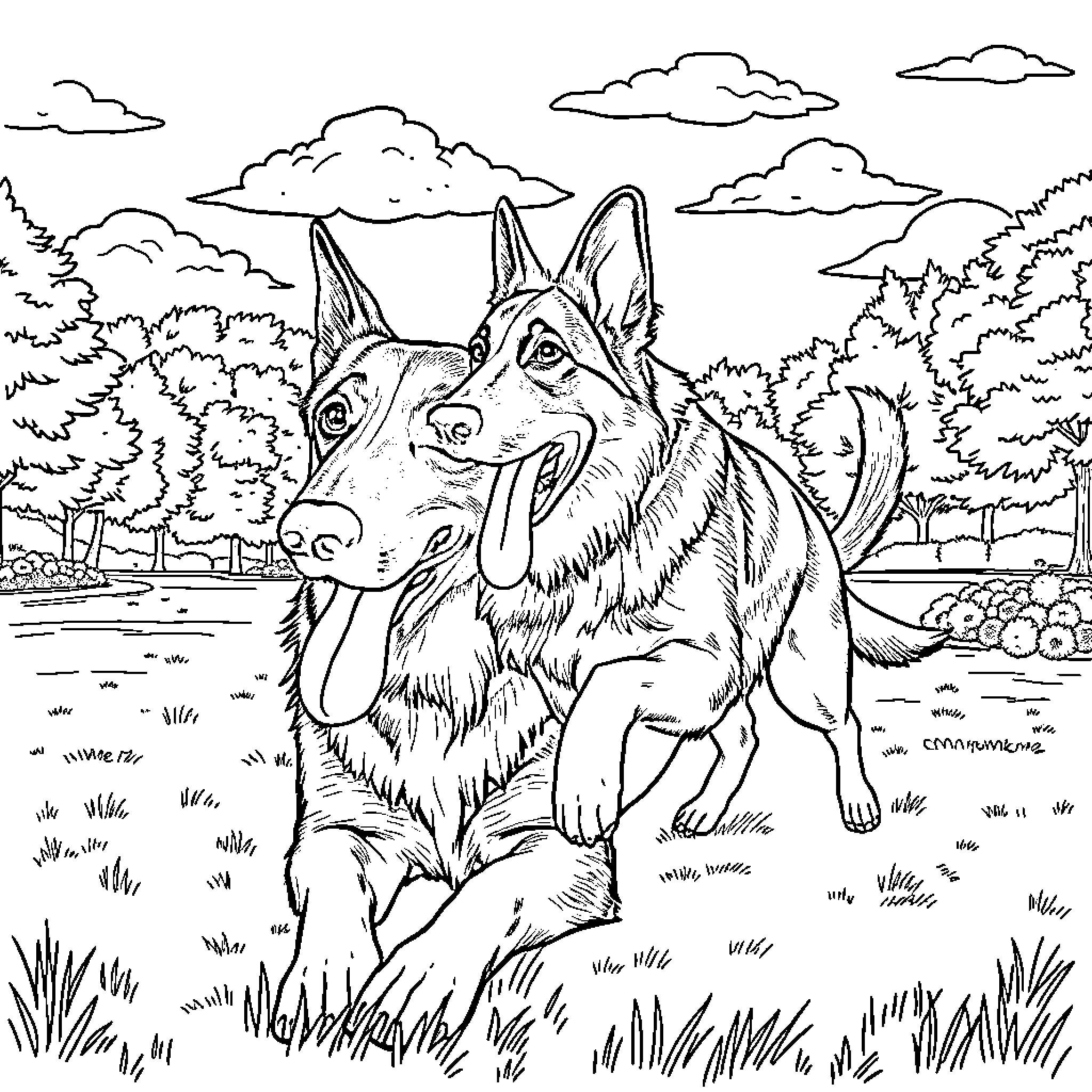 German Shepherd exploring outdoors in a natural setting Coloring Page (free black-and-white line drawing printable PDF for all, from beginners to advanced learners, including children, teens, adults, and seniors)