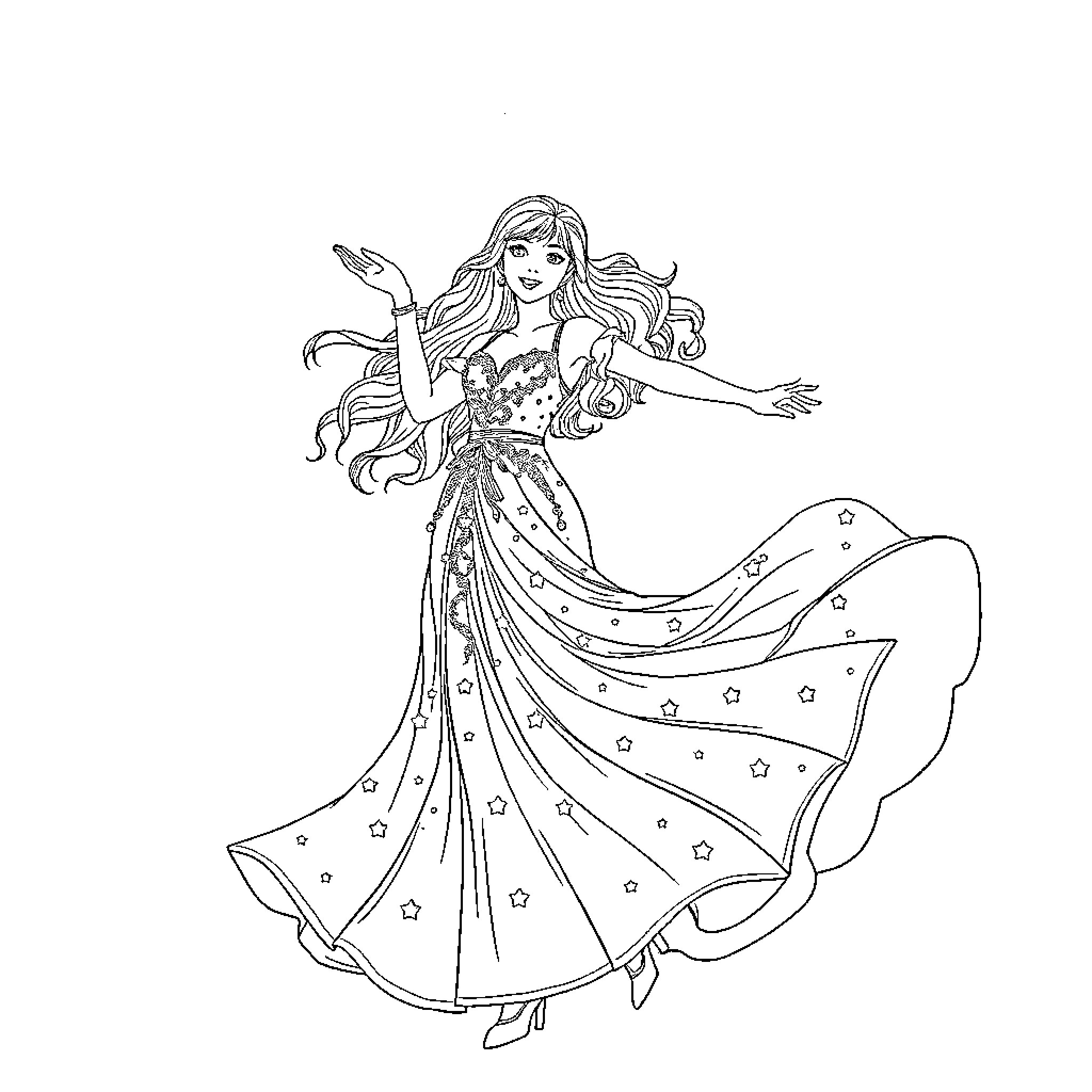 Mira, the Graceful Starry Dancer Coloring Page (free black-and-white line drawing printable PDF for all, from beginners to advanced learners, including children, teens, adults, and seniors)