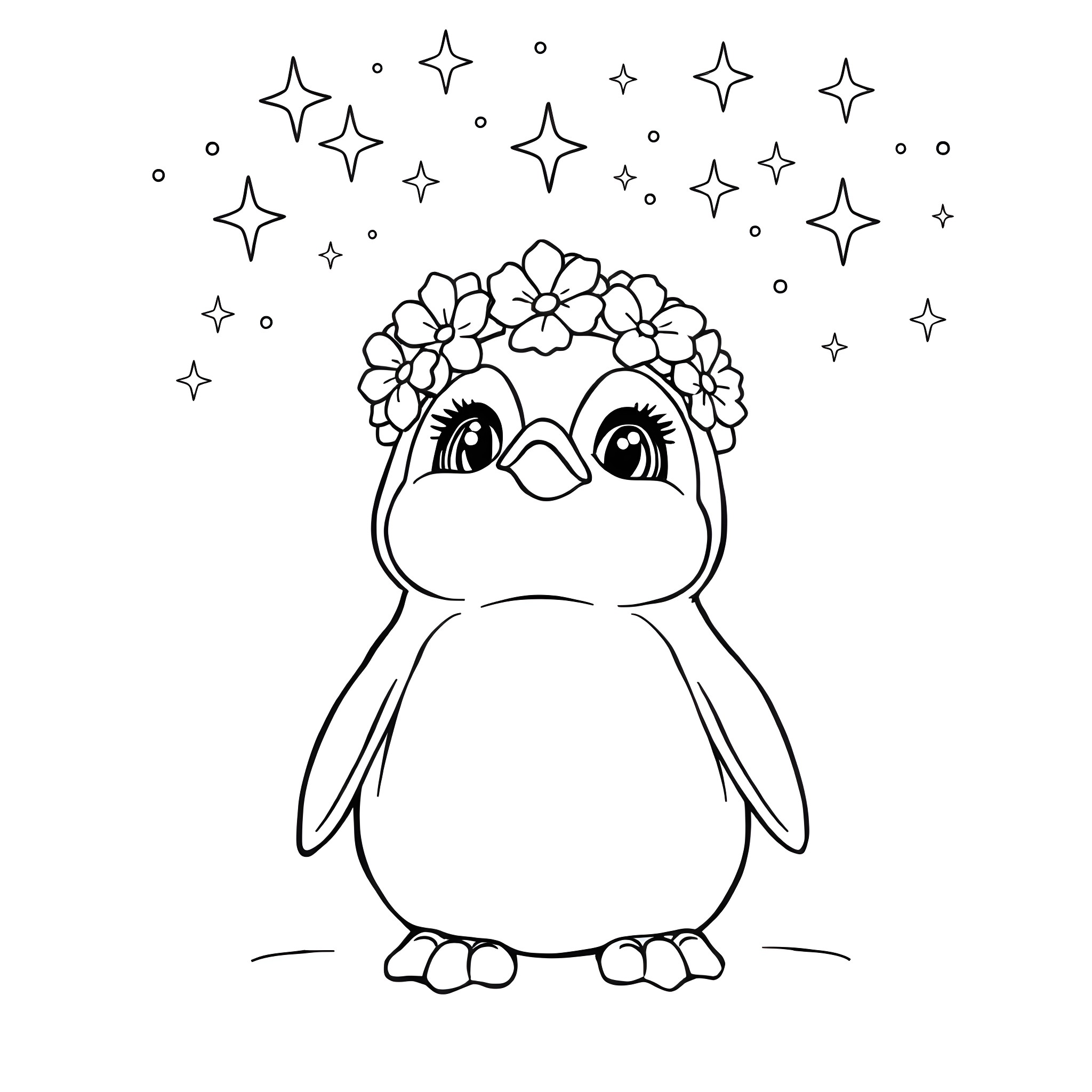 Penguin with Flower Crown and Starry Sky Coloring Page (free black-and-white line drawing printable PDF for all, from beginners to advanced learners, including children, teens, adults, and seniors)